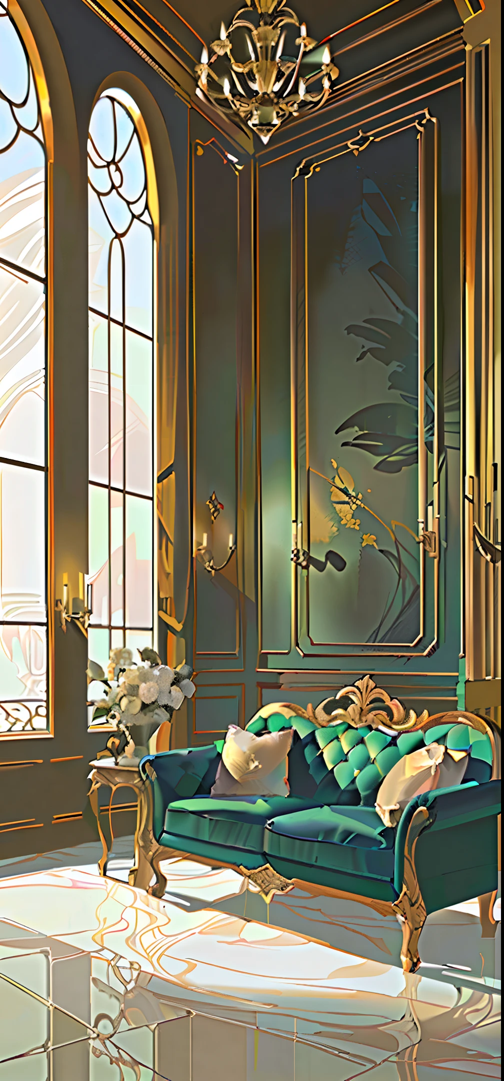 High quality, masterpiece, interior scene, cartoon game scene, luxury hotel lobby, luxury marble floor, white marble curtain wall, solid wood door, light wood furniture, leather sofa, lush green flower pot, rich details, movie lighting, 16K, game illustration