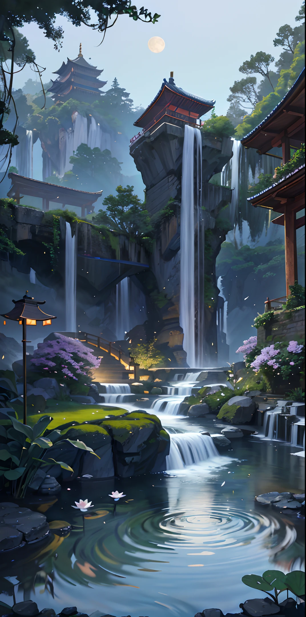 Ancient Chinese architecture, moon, night, garden, bamboo, lake, stone bridge, rockery, arch, corner, rockery, tree, flowing water, landscape, outdoor, waterfall, meadow, rock, water lily, stream, lotus, hot springs, water vapor, (Illustration: 1.0), epic composition, realistic lighting, high-definition detail, masterpiece, best quality, (very detailed CG unified 8k wallpaper), (best quality)