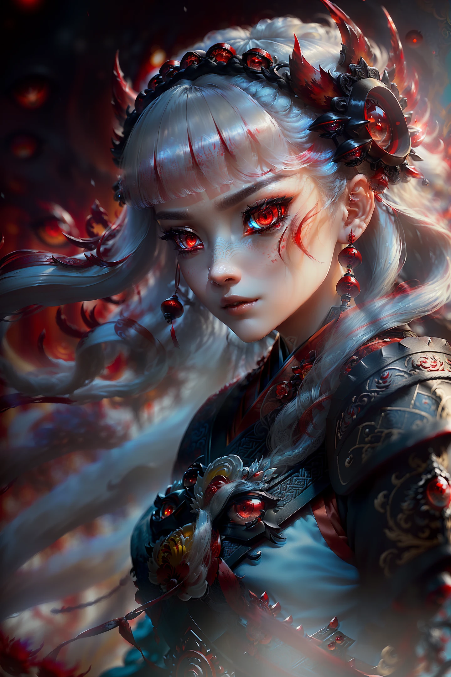 Analog Style, ((Complicated Details)), Full Body, Glowing, Beautiful, (Pale Chinoiserie Evil Princess), (yellow Hair), (Complicated), ((Light Bone Onyx Hanfu Armor)), (Complicated Jagged Obsidian crown) , Dynamic Pose, Wind Blowing Hair, Long Hair, Hanfu, Perfect Face, (Realistic Eyes), Round Irises, ((((((Red Eyes)))), Perfect Eyes, Intricate, Intricate, Helios 44-2, Swirls bokeh, artstation trend, sharp focus, studio photo, intricate detail, highly detailed, sharp, dnd portrait, (oil on canvas), perfect lighting, masterpiece, detailed background, artgerm and greg rutkowski portrait, film Lighting, 8k Chinese light blue hair flowing hair long bangs gentle smile