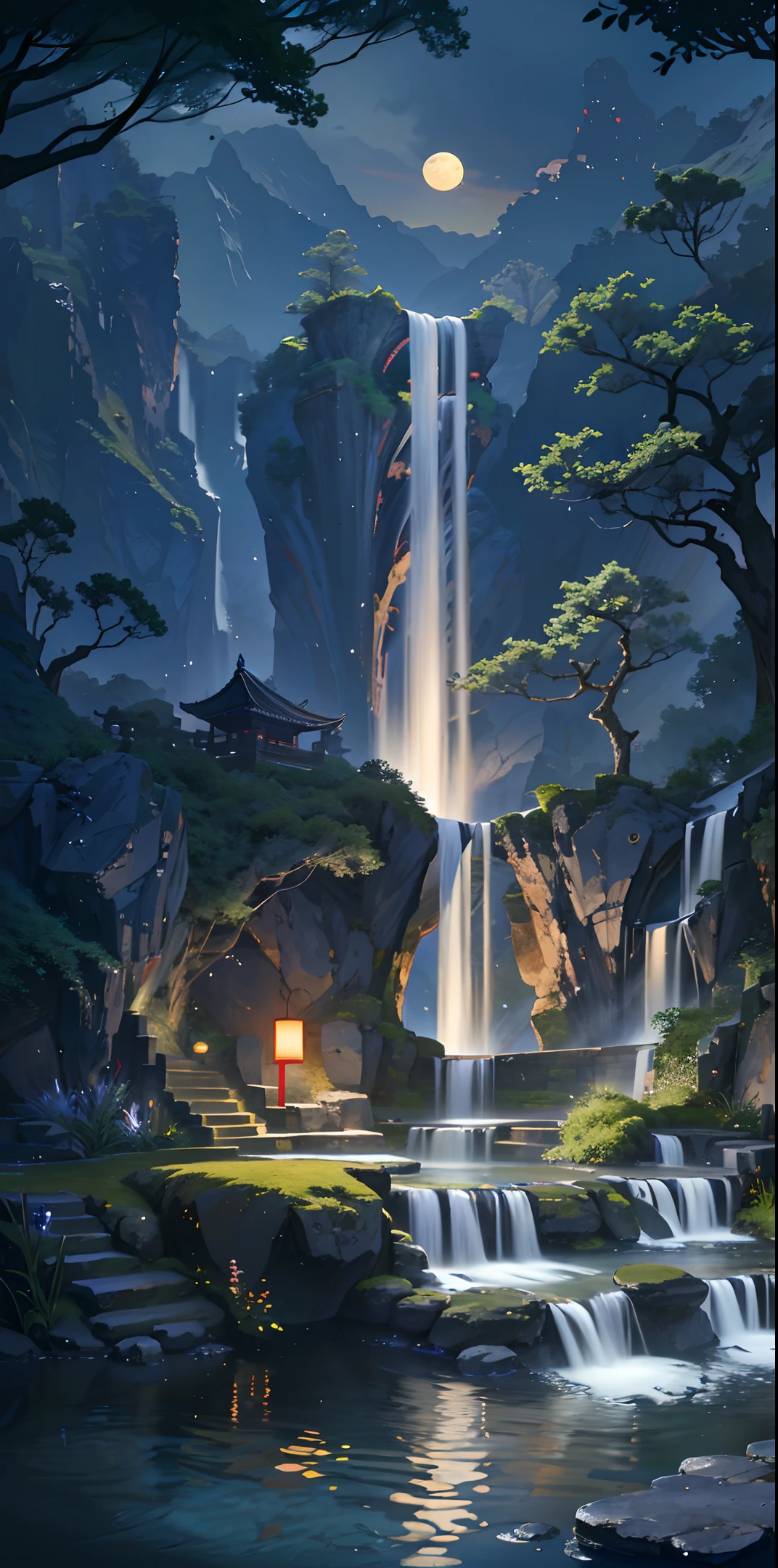 Ancient Chinese architecture, moon, midnight, garden, bamboo, lake, stone bridge, rockery, arch, corner, tree, flowing water, landscape, outdoor, waterfall, meadow, rock, water lily, hot springs, water vapor, (illustration: 1.0), epic composition, realistic lighting, HD detail, masterpiece, the best quality, (very detailed CG unified 8k wallpaper), (very detailed CG unified 8k wallpaper), (very detailed CG unified 8k wallpaper), (very detailed CG unified 8k wallpaper), wallpaper (best quality)
