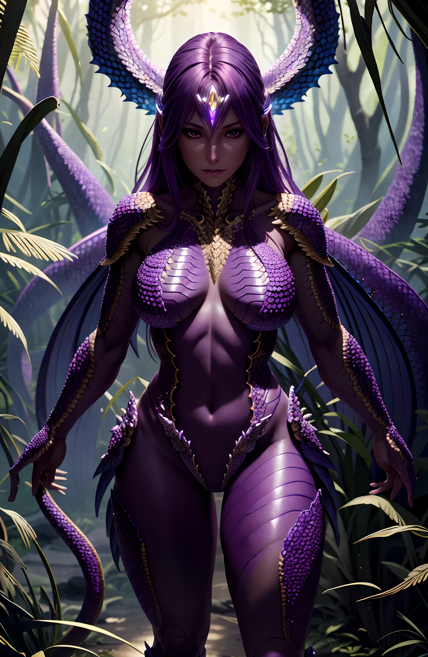 Magical World, Full Body CG, Standing Barefoot, Beauty (Perfect Female Body), Scaly Eyes, Realistic, Thigh Details, Ultra Realistic, Very Detailed, Ultra Detailed, Soft Light, Detailed Backgrounds, Extremely Detailed Backgrounds, Clear Details, (Full Body), 8k, (Original Photo), CG, Purple Skin