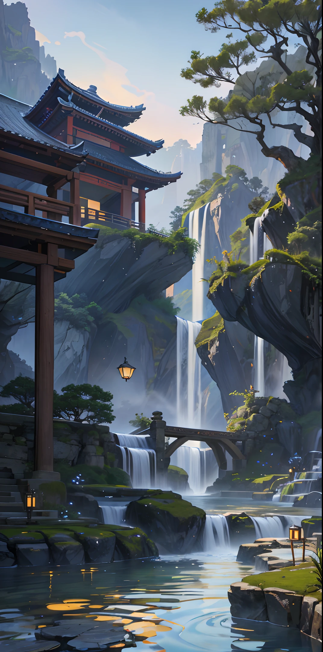 Ancient Chinese architecture, moon, midnight, garden, bamboo, lake, stone bridge, rockery, arch, corner, tree, flowing water, landscape, outdoor, waterfall, meadow, rock, water lily, hot springs, water vapor, (Illustration: 1.0), epic composition, realistic lighting, HD detail, masterpiece, the best quality, (very detailed CG unified 8k wallpaper)