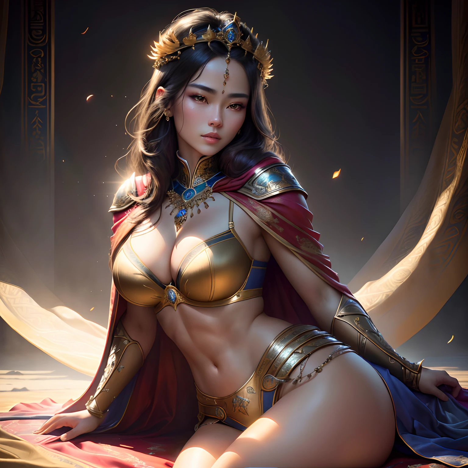 best quality, masterpiece, highres, photo realistic, ultra realistic, sun , sun tyndall effect,photorealistic, dark studio, rim lighting, tone lighting,(high detailed skin:), 8k uhd, dslr, soft lighting, high quality, volumetric lighting, candid, photograph, high resolution, 4k, 8k, bokeh, ultra realistic 8k cg, (epic:, perfect artwork, masterpiece, ancient dynasty, medieval, fantasy), (((detailed background))), 20yo asian queen fit fresh model wearing ((royal bra, royal cape, long royal squirt)), stunning God-like beauty, striking facial features, detailed hair, dynamic angle, looking at camera, amazing stunningly beautiful, sitting, detailed skin, 50mm portrait, glamour, perfect soft curves, perfect body, perfect boobs, perfect wide hips, full wet lips, extremely detailed muscle definition, perfect extremely detailed toned abs