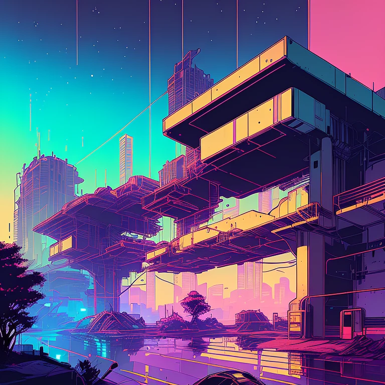 (nvinkpunk:1.2) (snthweve:0.8 style) two horses, back view, anthropo, light wave, sunset, intricate, very detailed