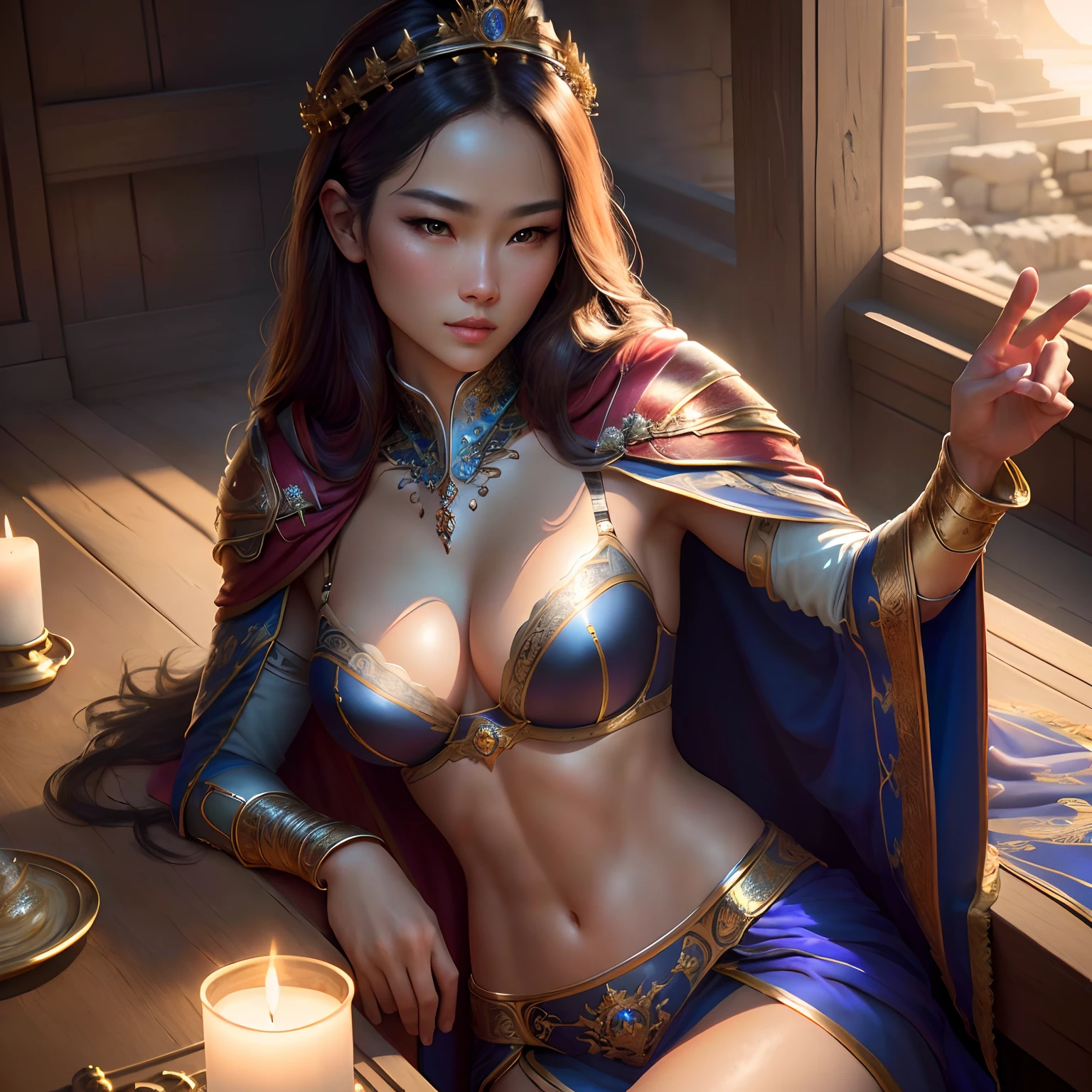 best quality, masterpiece, highres, photo realistic, ultra realistic, sun , sun tyndall effect,photorealistic, dark studio, rim lighting, tone lighting,(high detailed skin:), 8k uhd, dslr, soft lighting, high quality, volumetric lighting, candid, photograph, high resolution, 4k, 8k, bokeh, ultra realistic 8k cg, (epic:, perfect artwork, masterpiece, ancient dynasty, medieval, fantasy), (((detailed background))), 20yo asian queen fit fresh model wearing ((royal bra, royal cape, long royal squirt)), stunning God-like beauty, striking facial features, detailed hair, dynamic angle, looking at camera, amazing stunningly beautiful, sitting, detailed skin, 50mm portrait, glamour, perfect soft curves, perfect body, perfect boobs, perfect wide hips, full wet lips, extremely detailed muscle definition, perfect extremely detailed toned abs