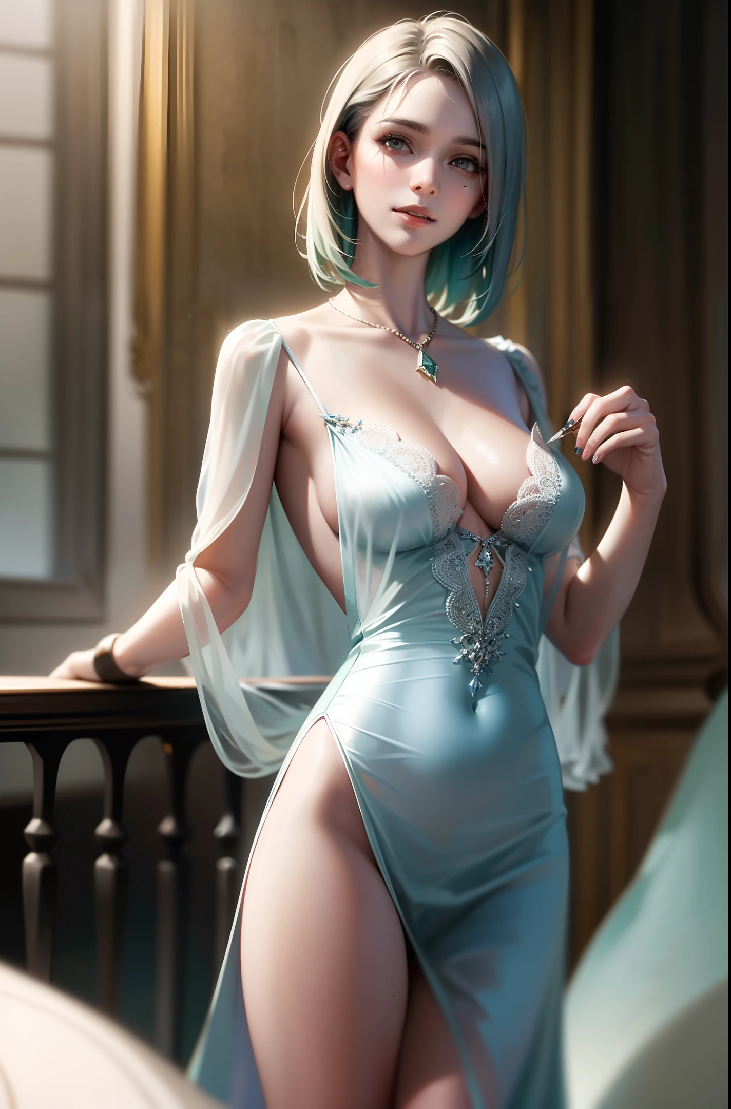 cuvy young woman standing at a old castel, full body, grinning, silver messy short hair, light green sheer gown, colorful lingerie, sexy, large breasts, detailed ornament, sharp focus, (8k), (4k), (Masterpiece), (Best Quality), fantasy, extremely detailed, intricate, hyper detailed, (perfect face), (cinematic lighting:1.4), extremely detailed skin pores, (detailed skin:1.2), from below, smile, (looking at viewer:1.2), analog style, (realistic:1.5), shot with a DLSR, sharp focus, modelshoot,