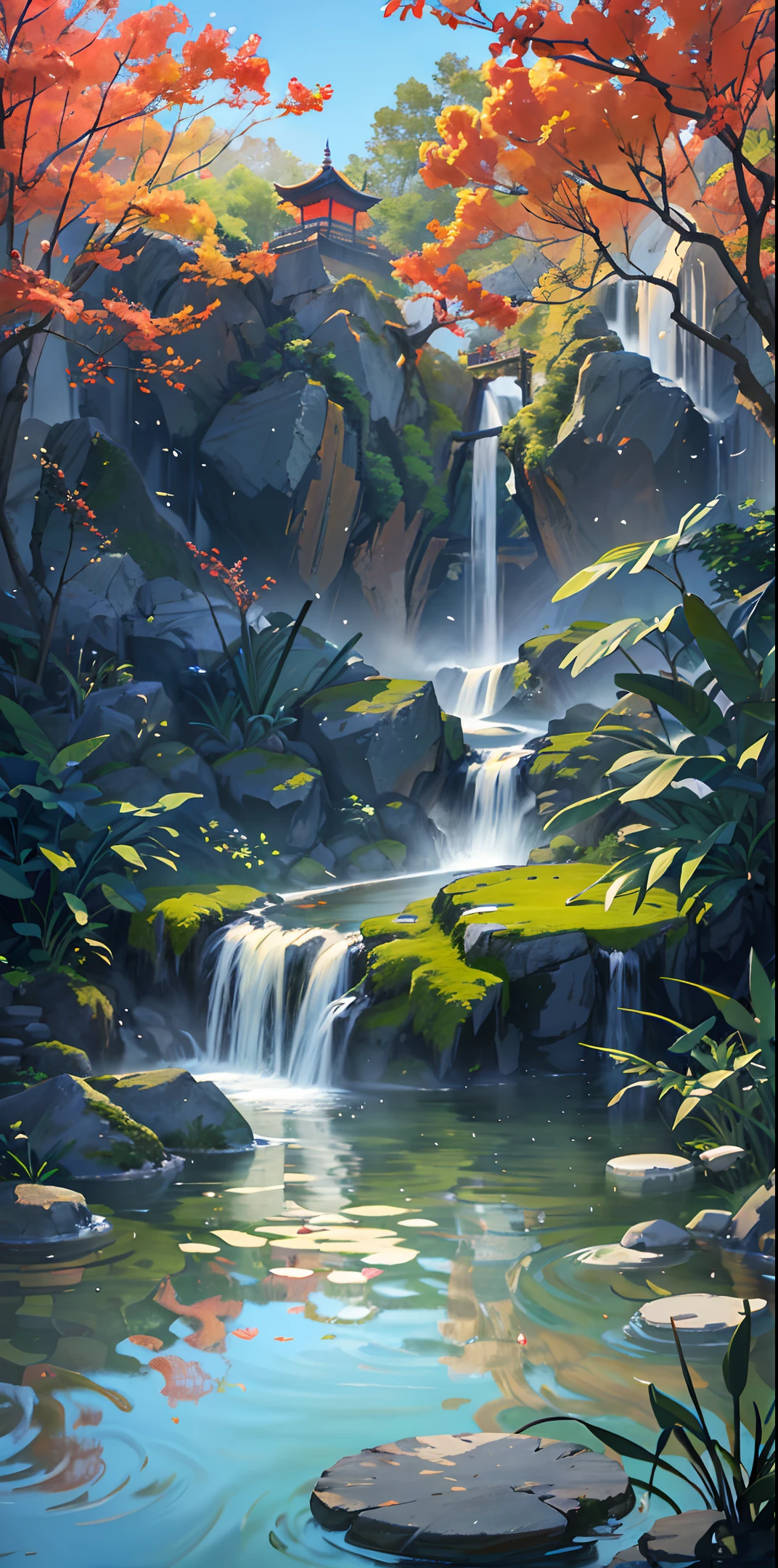 Ancient Chinese architecture, autumn, bamboo, lake, stone bridge, rockery, arch, corner, tree, tap water, landscape, waterfall, meadow, rock, water lily, hot springs, water vapor, (illustration: 1.0), epic composition, realistic lighting, high-definition detail, masterpiece, best quality, (very detailed CG unified 8k wallpaper)