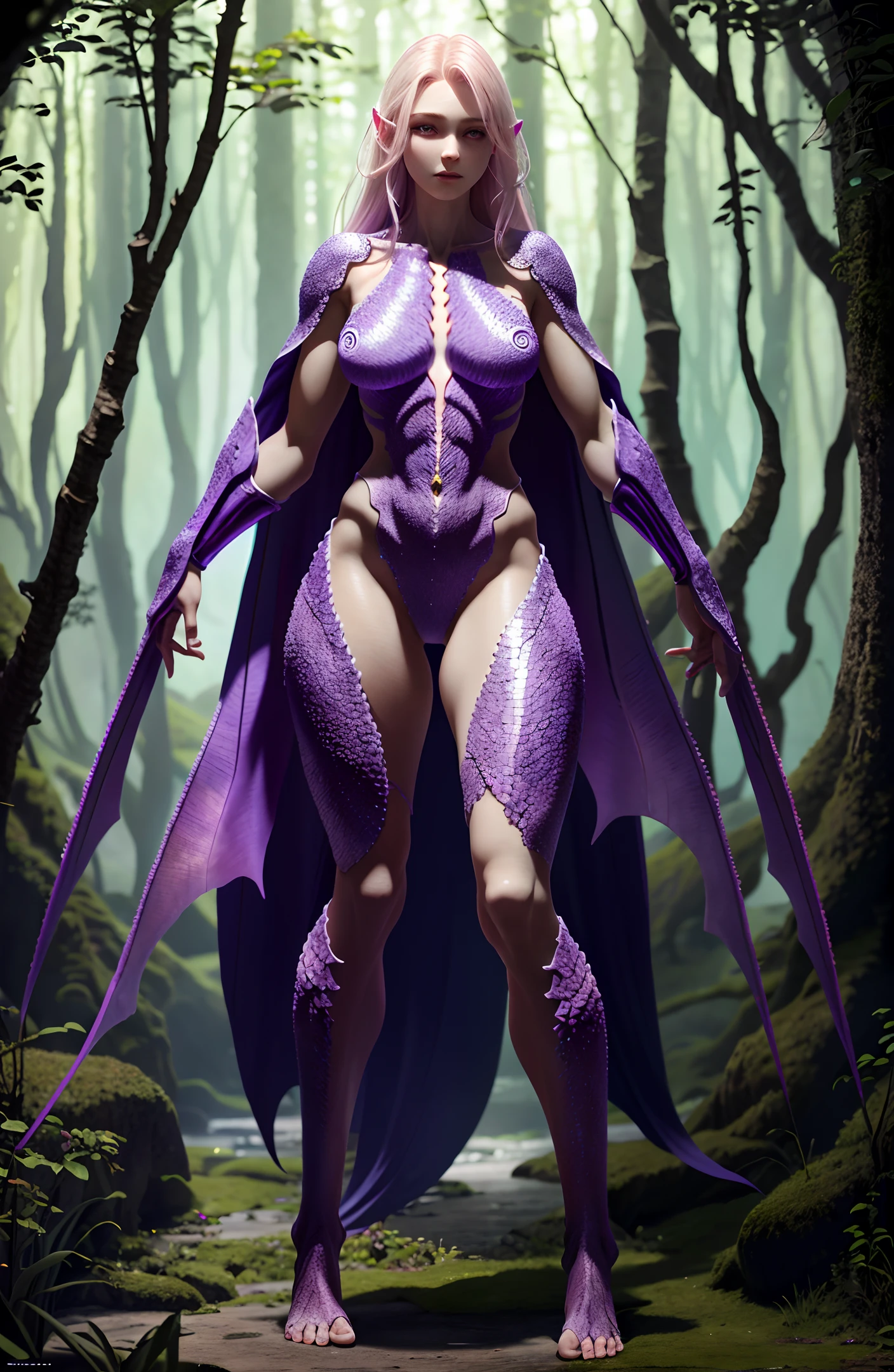 Magical World, Full Body CG, Standing Barefoot, Beautiful Woman (Pale Face, Girl, Weak, Perfect Female Body), Scaly Eyes, Realistic, Thigh Details, Ultra Realistic, Very Detailed, Soft Light, Background (Devil's Den), Clear Details, (Full Body), (Full Body), (Original Photo), CG, Purple Skin