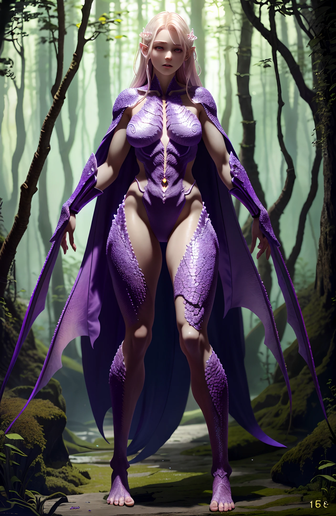 Magical World, Full Body CG, Standing Barefoot, Beautiful Woman (Pale Face, 16 Year Old Girl, Weak, Perfect Female Body), Scaly Eyes, Realistic, Thigh Details, Ultra Realistic, Very Detailed, Soft Light, Background (Devil's Den), Clear Details, (Full Body), (Full Body), (Original Photo), CG, Purple Skin