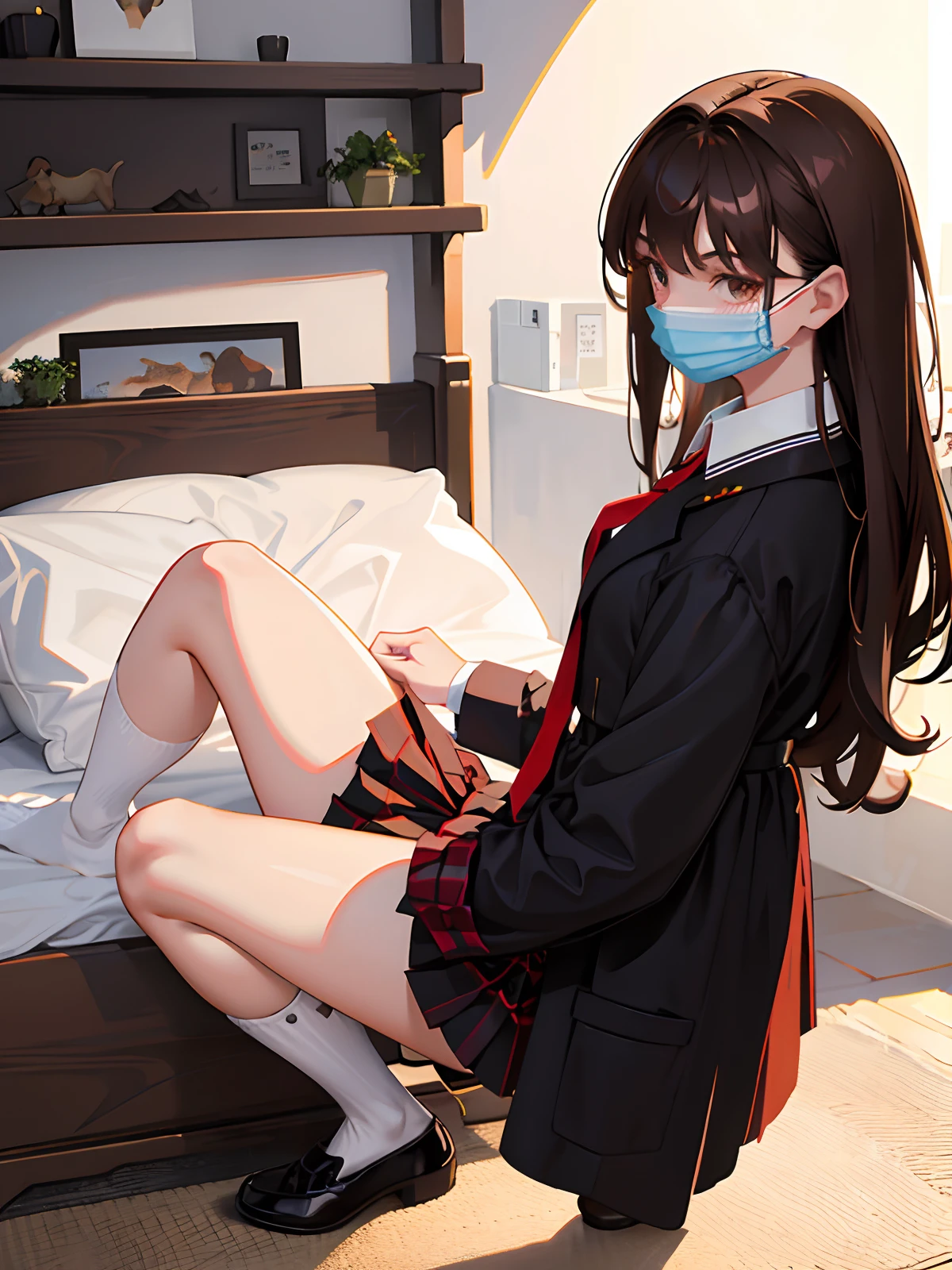4K, best quality, 1 girl, 18 years old, brown hair, waist length hair, 3/4 bangs, red tie, brown coat, liver checkered pleated skirt, girl, campus, black calf socks, leather shoes, school,surgical mask