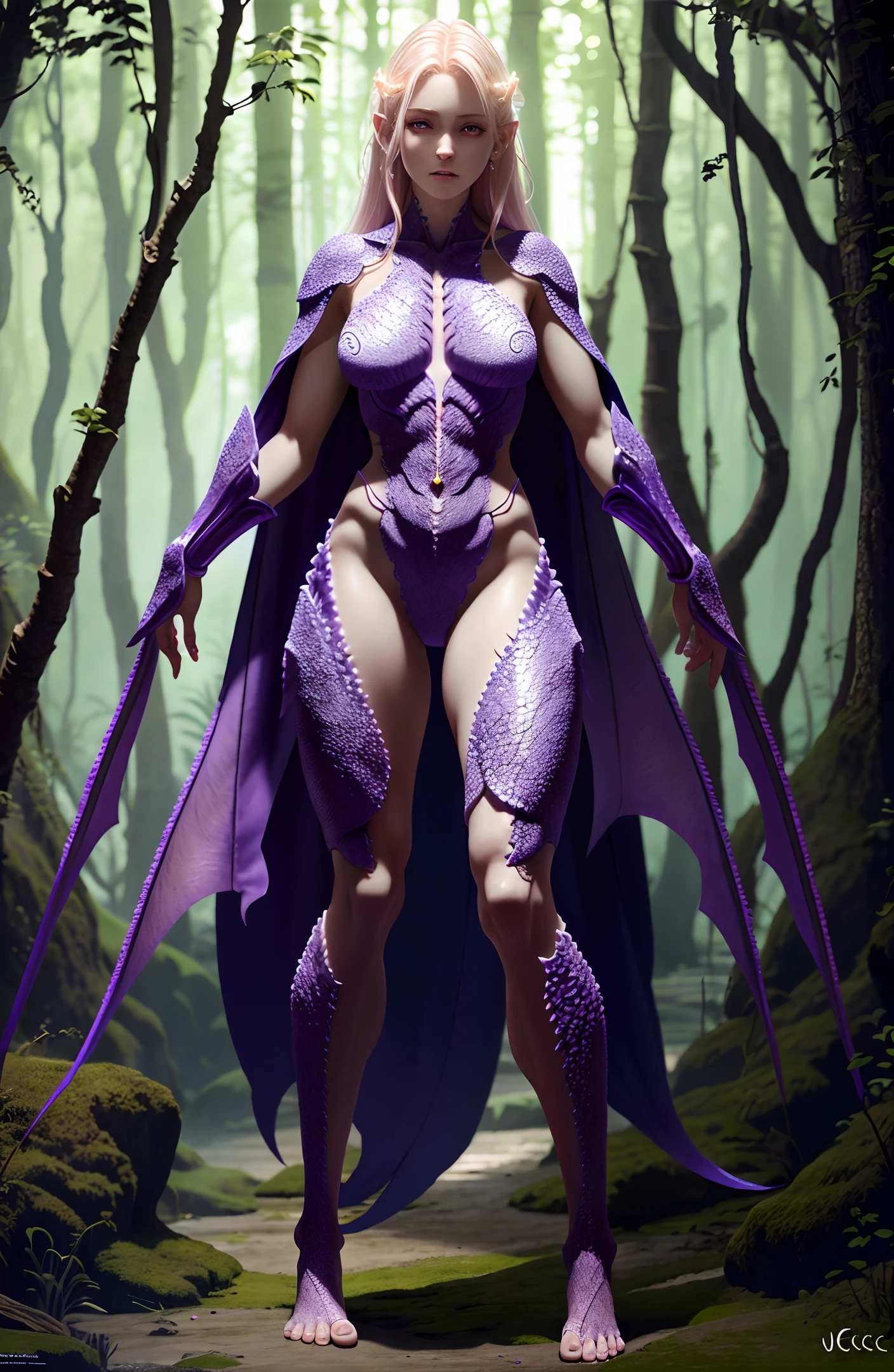 Magical World, Full Body CG, Standing Barefoot, Beautiful Woman (Pale Face, Girl, Weak, Perfect Female Body), Scaly Eyes, Realistic, Thigh Details, Ultra Realistic, Very Detailed, Soft Light, Background (Devil's Den), (Full Body), (Original Picture), CG, Purple Skin