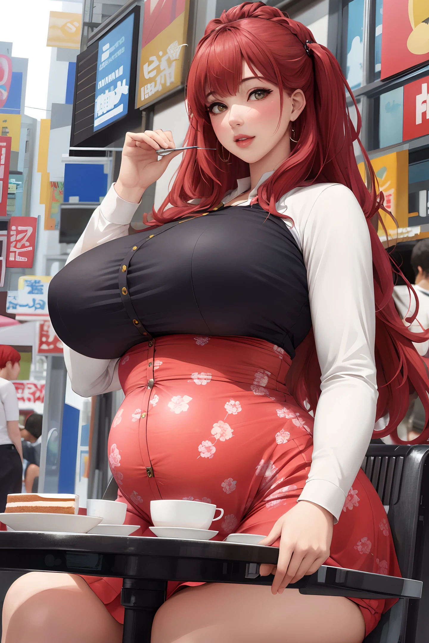 (masterpiece:1.2, best quality), realistic, (real picture, intricate details, depth of field), (1girl, solo), make up, parted lips, highly-detailed, perfect face,
(huge breasts:1.4), (skindentation), thick thighs, wide hips, small waist, tall, glossy coral lips,
red hairs, red eyes, white casual outfit, Akihabara street, sitting at a cafe, suitcase, big belly, huge belly, heavy girl, belly fat, fat girl, eating cake, blush stickers, stuffing belly, full belly