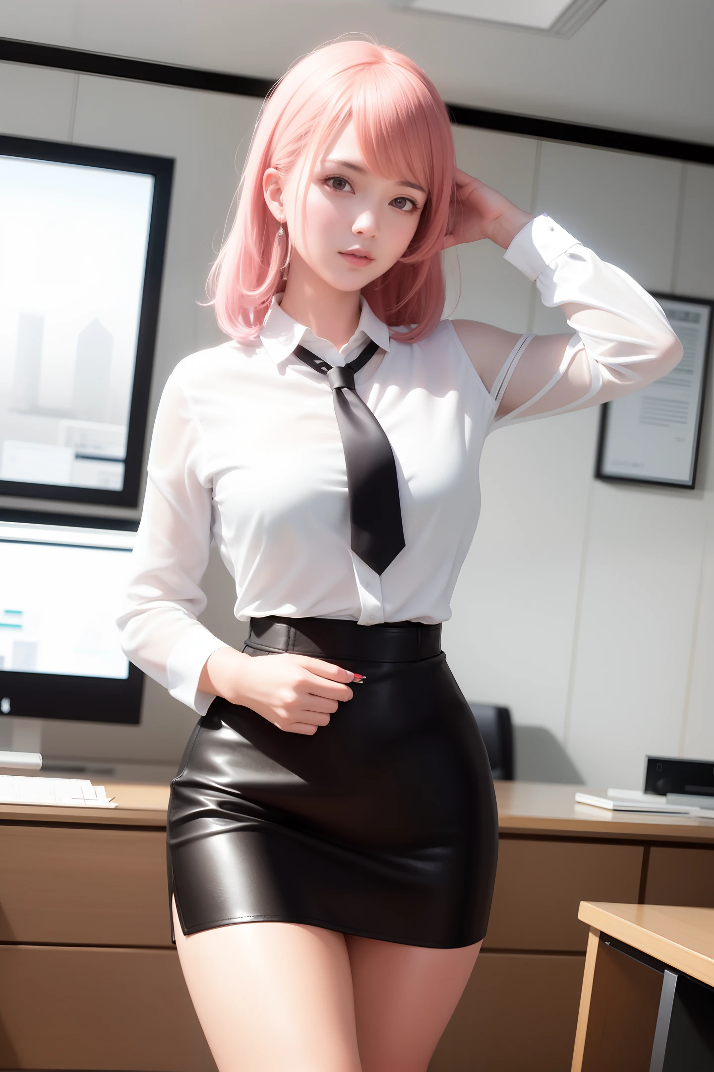 masterpiece, exquisite, realistic, 1girl, walking in Beijing, (sexy office girl, translucent low neck, tight mini black leather skirt)), fancy necklace, long legs, f-cup chest, dress perspective, (PureerosFace_V 1:0.6), brown hair