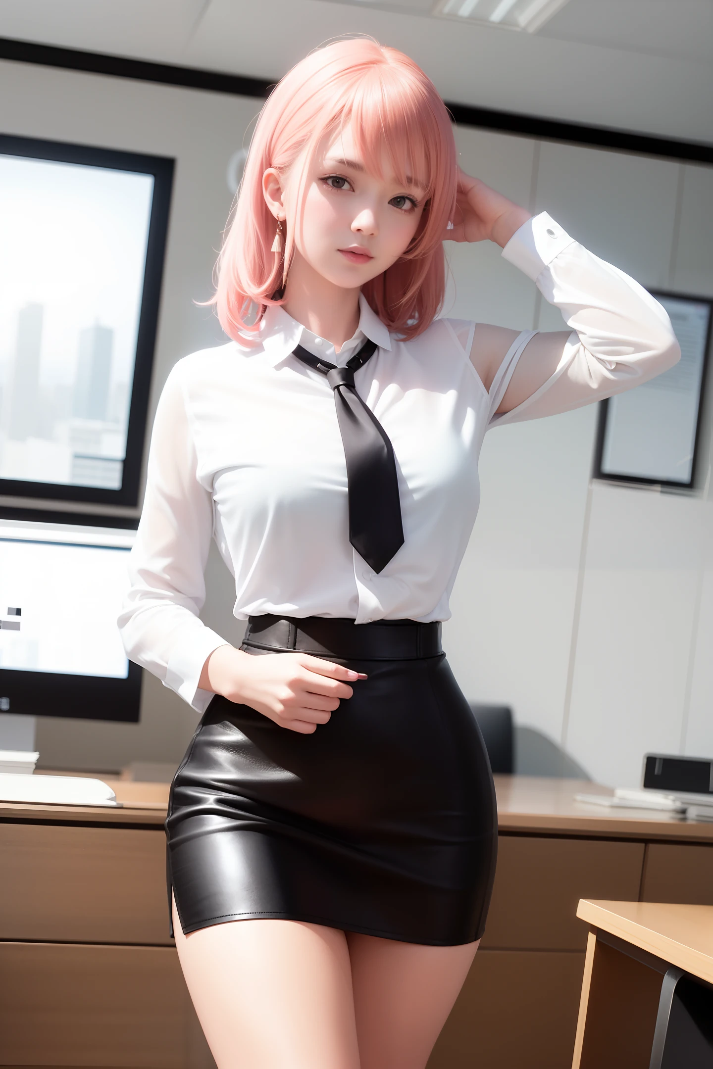 masterpiece, exquisite, realistic, 1girl, walking in Beijing, (sexy office girl, translucent low neck, tight mini black leather skirt)), fancy necklace, long legs, f-cup chest, dress perspective, (PureerosFace_V 1:0.6), brown hair