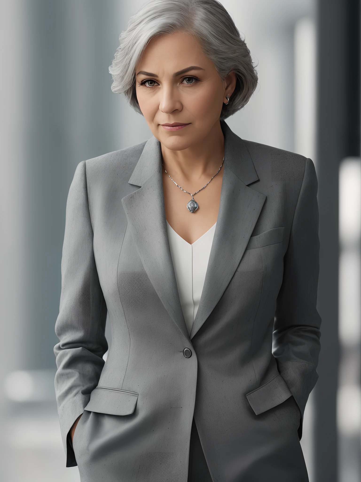 photo of a gray-haired woman in an elegant business suit, wide-frame photo, photo shoot style, exquisite, detailed, dramatic, elite, real world, (hard focus, 8 k), (((natural skin texture))), 8k textures, soft cinematic light, adome lightroom, photo lab, hdr, intricate, elegant, highly detailed, clear focus, (((cinematic look))), soothing tones, crazy detail, high detail, low contrast, soft cinematic light, dull colors, mixing exposures, HDR, fade, 35 mm, f/1.4, ISO64, f16, 25 sec.