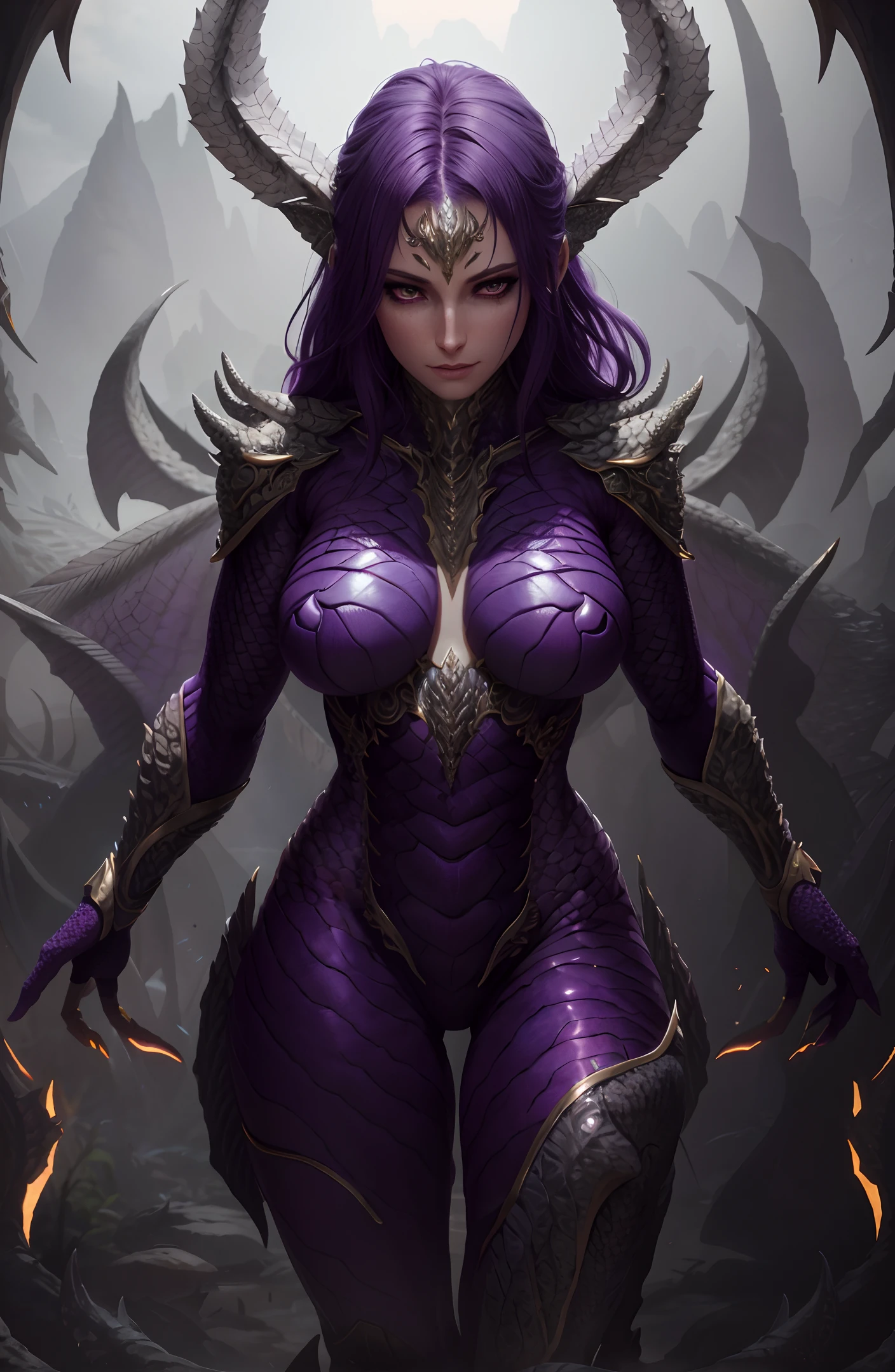 Magical World, Full Body CG, Standing Barefoot, Beauty (Perfect Female Body), Scaly Eyes, Realistic, Thigh Details, Ultra Realistic, Very Detailed, Super Detailed, Soft Light, Detailed Backgrounds, Extreme Detailed Backgrounds, Sharp Details, (Full Body), 8k, (Original Photo), CG, Purple Skin