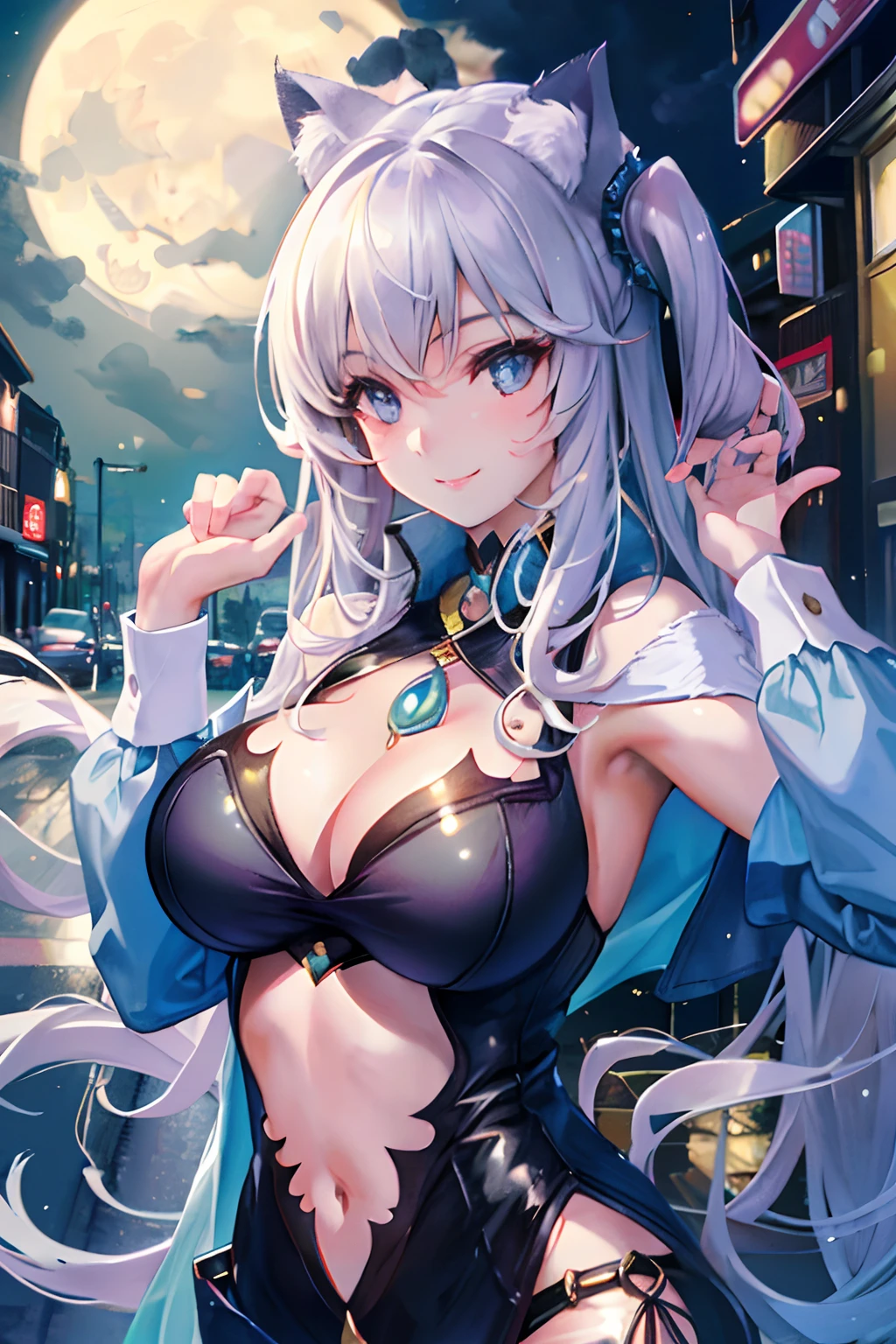 A cat and a pretty girl, in the street, at night, big moon, smile, breast in the middle, realistic style, HD
