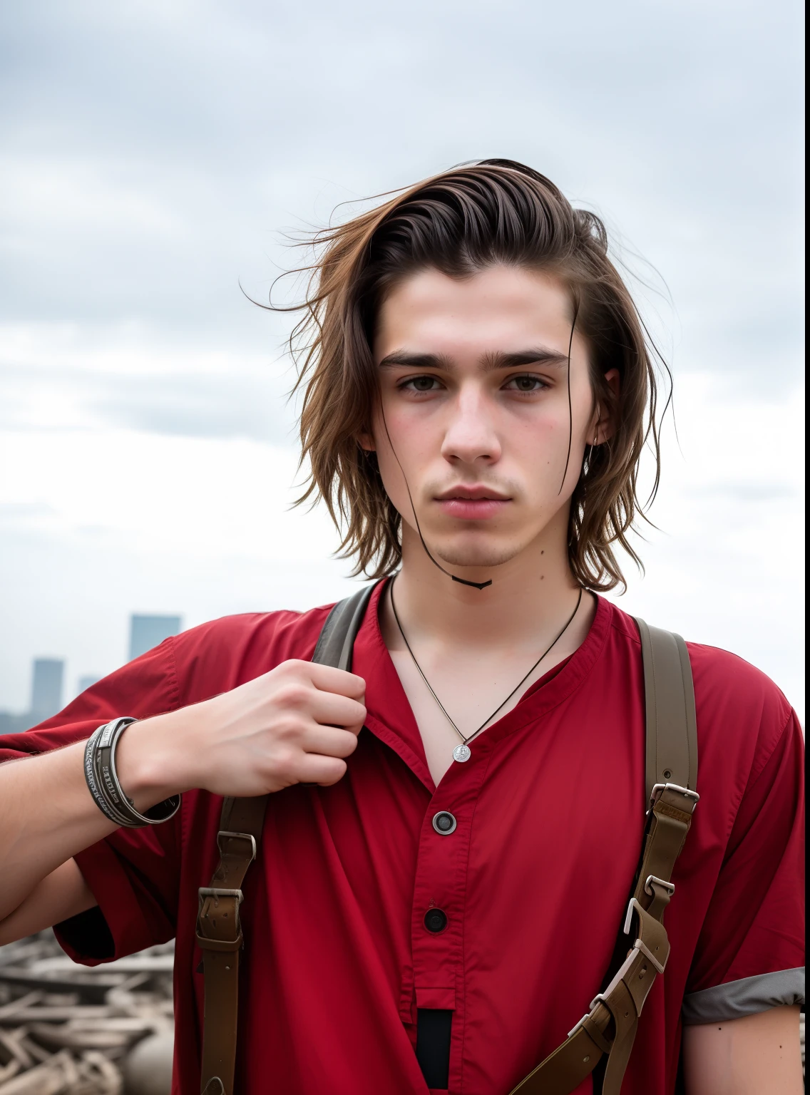 RAW photo, a close up portrait photo of brutal 22 y.o boy in wastelander clothes, long haircut, pale skin, slim body, background is city ruins, (high detailed skin:1.2), 8k uhd, dslr, soft lighting, high quality, film grain, Fujifilm XT3, make a girl beside that boy, big boobs, with long hair