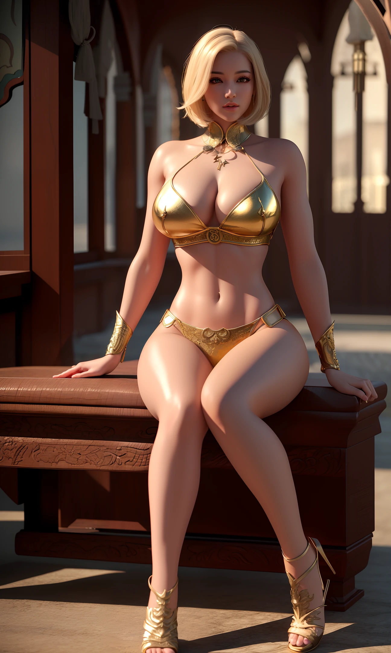 ultra realistic 8k cg, (epic:, perfect artwork, masterpiece, ancient kingdom, medieval, gothic, fantasy), (((detailed background)))sexy 20yo asian woman muscular fresh model,amazing stunningly beautiful, golden wet skin shining, sitting, looking at camera, tanned skin, blonde bobcut wavy shiny hair, 50mm portrait, glamour, soft curves, gigantic ass, wide hips, full wet lips, perfect body, abs, 3d, ultra realistic, sun