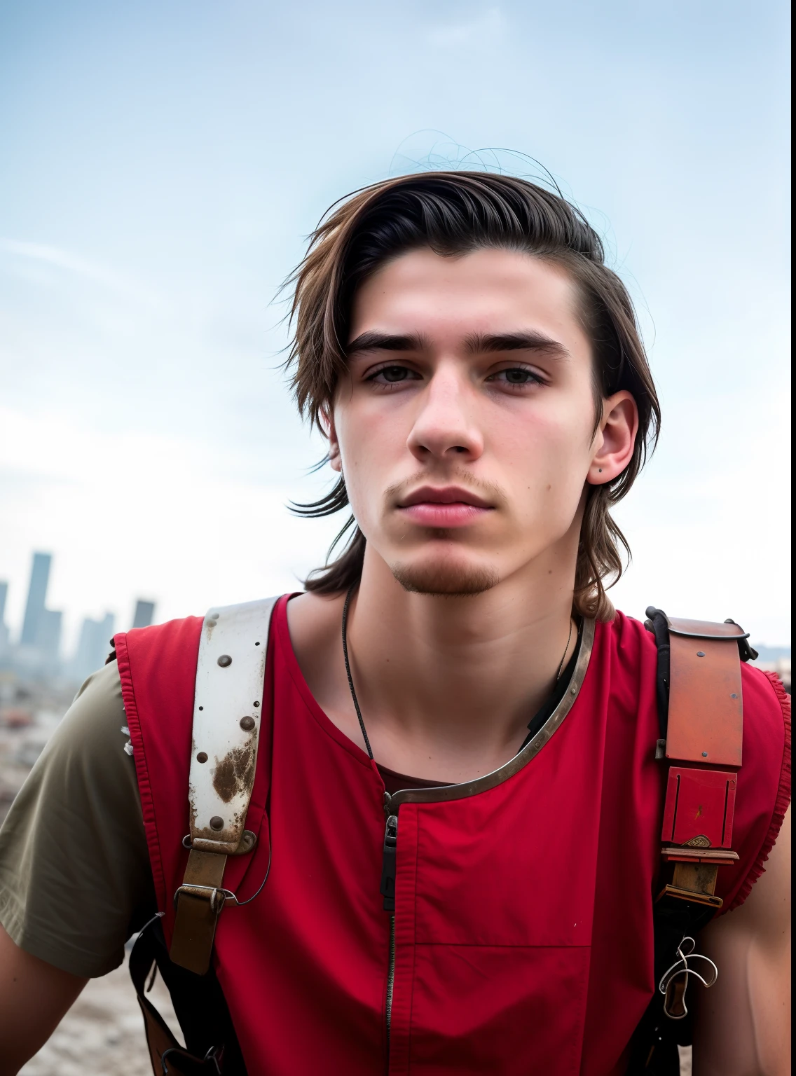 RAW photo, a close up portrait photo of brutal 22 y.o boy in wastelander clothes, long haircut, pale skin, slim body, background is city ruins, (high detailed skin:1.2), 8k uhd, dslr, soft lighting, high quality, film grain, Fujifilm XT3, make a girl beside that boy, big boobs, with long hair