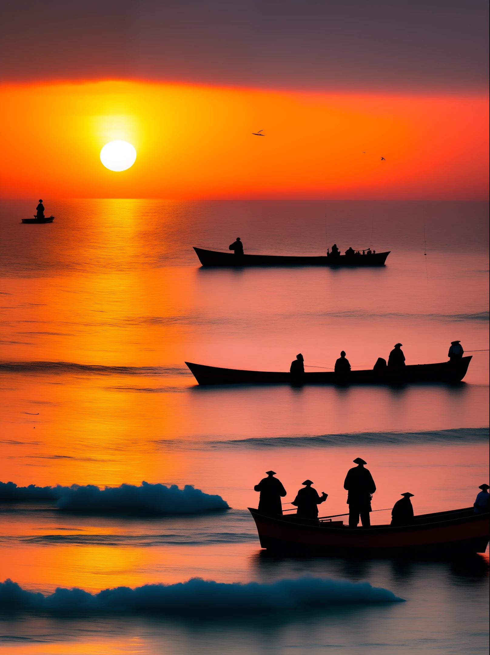 Boarding the boat into the sea, smelling the smoke from cooking and the color of the sea and sky. A few fishing men in the boat are pulling nets to catch their fish, and a bright red sun slowly rises between the waves.