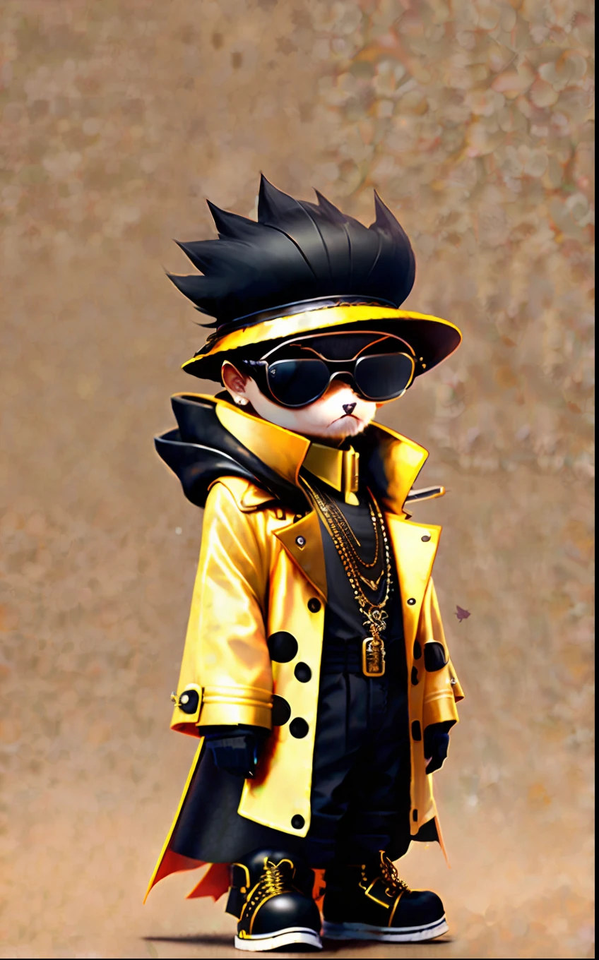 Anthropomorphic Dark Wind, Gangster, Black Background, Cyberpunk Style, Super Delicate, Front, Wearing Big Black Sunglasses, Simple Long Black Trench Coat, A Gold Necklace, Flowers In Your Mouth, Boy, Very Cool, Super Photography, 8K Quality, Masterpiece, Expert