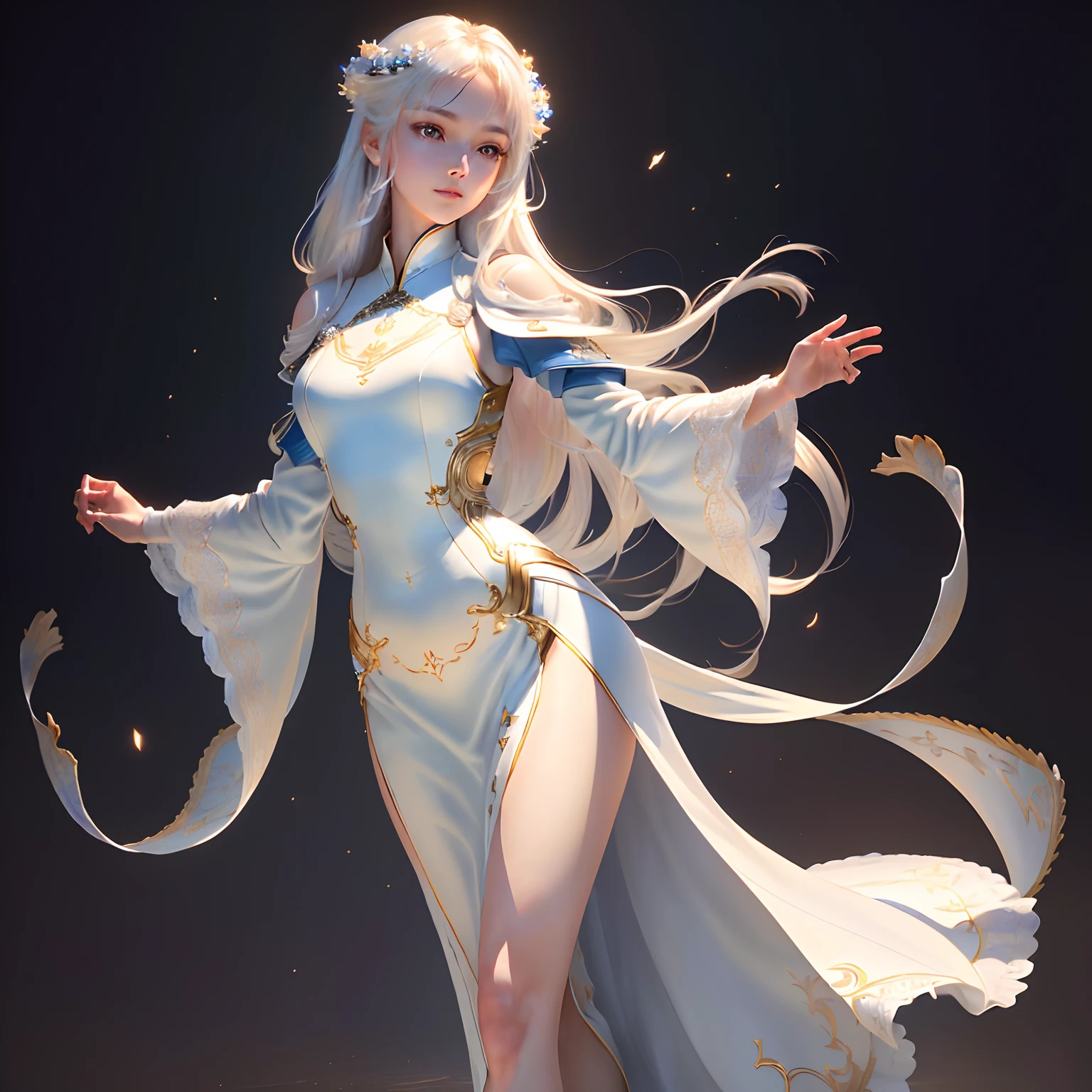(Beautiful body), (slim figure), (beautiful and delicate face), (bright eyes), (flowy skin), (flowy sleeves), (extremely detailed CG uniform 8k wallpaper), (extremely detailed CG uniform 8k wallpaper), (extremely detailed CG uniform 8k wallpaper), high detail, masterpiece, (HDR) (wallpaper) (movie lighting) (clear focus) (ultra HD), national uniform, white Hanfu, long dress