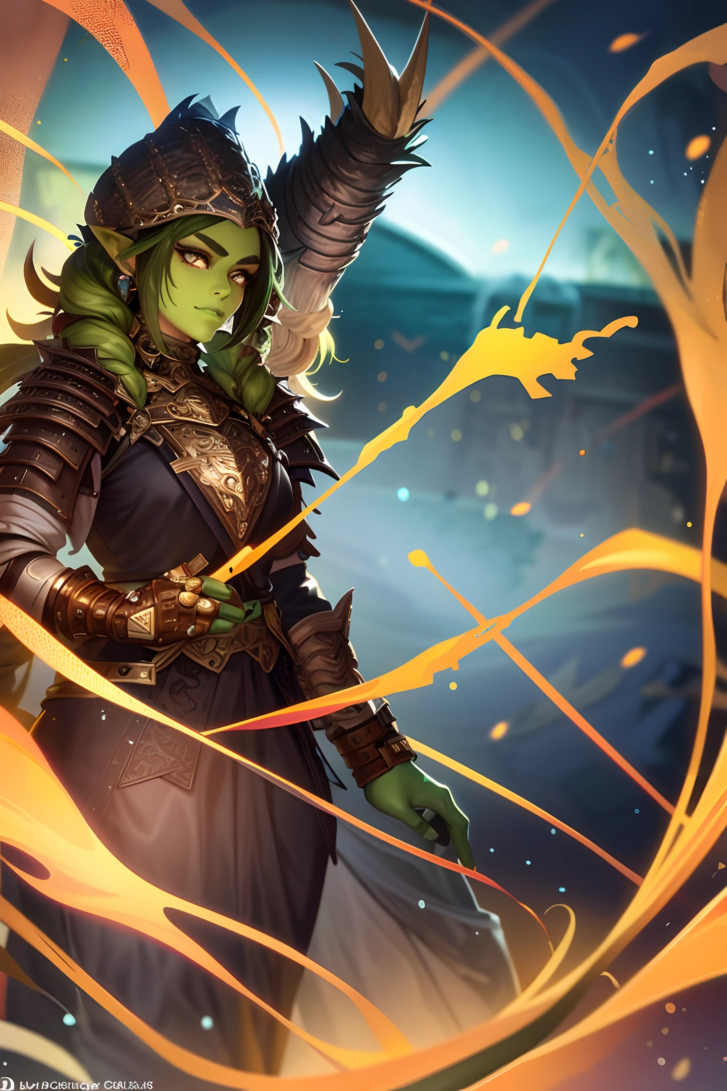 1girl, cowboy photo of a beautiful orc girl, green skin, dark hair, braids, old armor, spikes, fur trim, volumetric lighting, best quality, masterpiece, intricate detail, tone mapping, sharp focus, ultra-detail, trend on Artstation,
