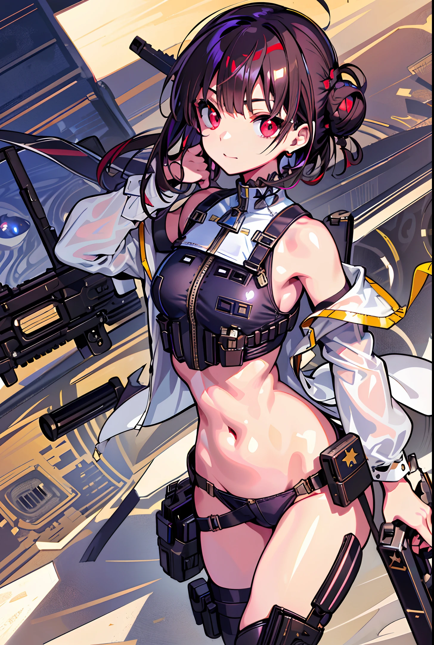 Mediterranean Girl, (clear eyes), (detailed iris), smirk, thumbs up, (US army uniform), (soldier), (dark hair), (messy bun), (vibrant eyes), (red eyes), (light olive skin), (delicate features), (small chest), (large hips), (gun holster), (thick thighs), (thin waist). war background. Tatsuya Endo, Greg Rutkowski, Pixiv, Artstation