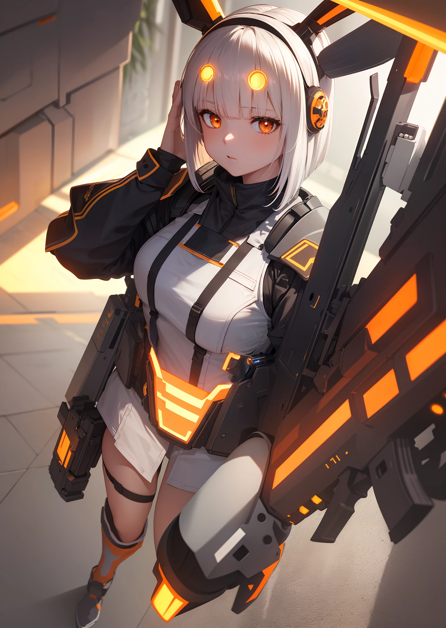 (high quality, ultra-detailed CG rendering), an expressionless (one-girl) character with a short bob-cut hairstyle featuring side bangs, white hair, glowing orange eyes with bright pupils, (full body view) wearing a complete black with orange streaks (tactical marine armor) with rabbit ears headband and (no visor helmet).