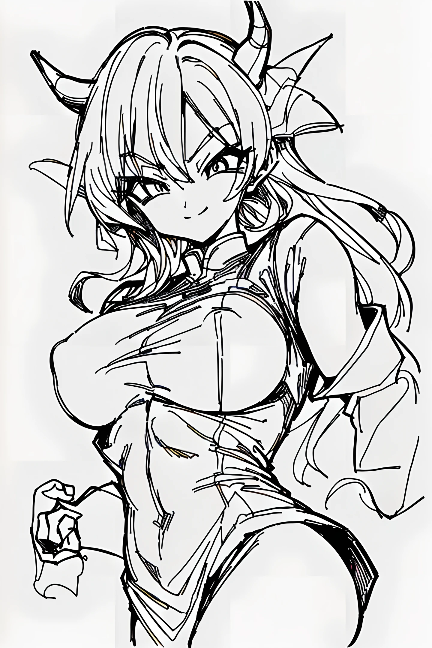 Master, masterpiece, scorn eyes, proud eyes, taunting smile (Dragon Ball character), abs, leather skirt, v-neck, big boobs, beautiful thighs, slim neck, thin waist, big hips, more details, tight clothing, smooth body, muscles, complex backgrounds, tight eyebrows, comics, air bangs, hair hanging over the chest, hero's face, black cheongsam: 1.1. woman, smoke, fabric,