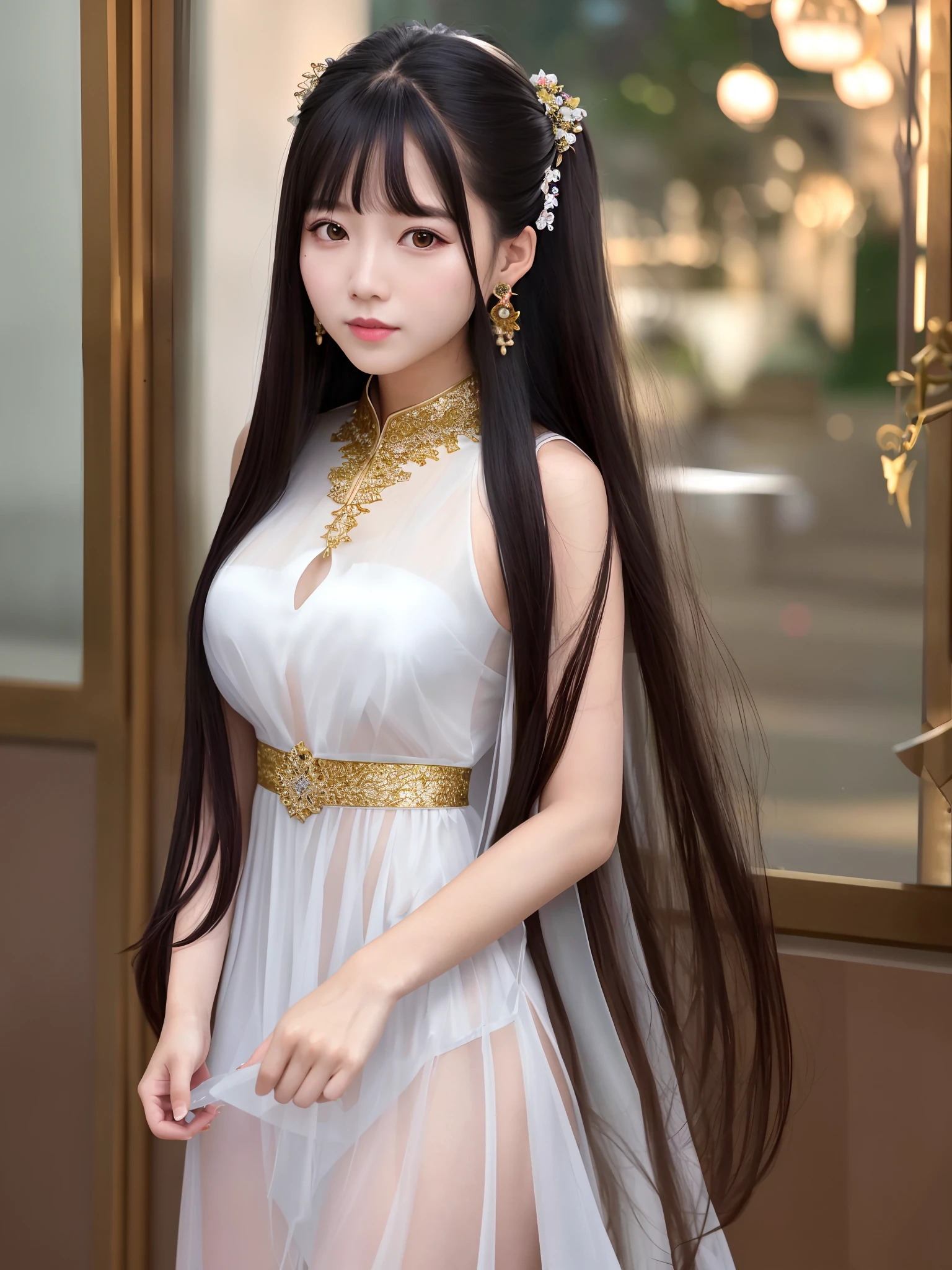 best quality, mastery, highres,1girl, long_hair, portrait, upper body, china transparent silk dress, dress, heal order, necklace, jewelry, long hair, earrings, chinese clothes，侧身，对着镜头ulzzang-6500-v1. 1个