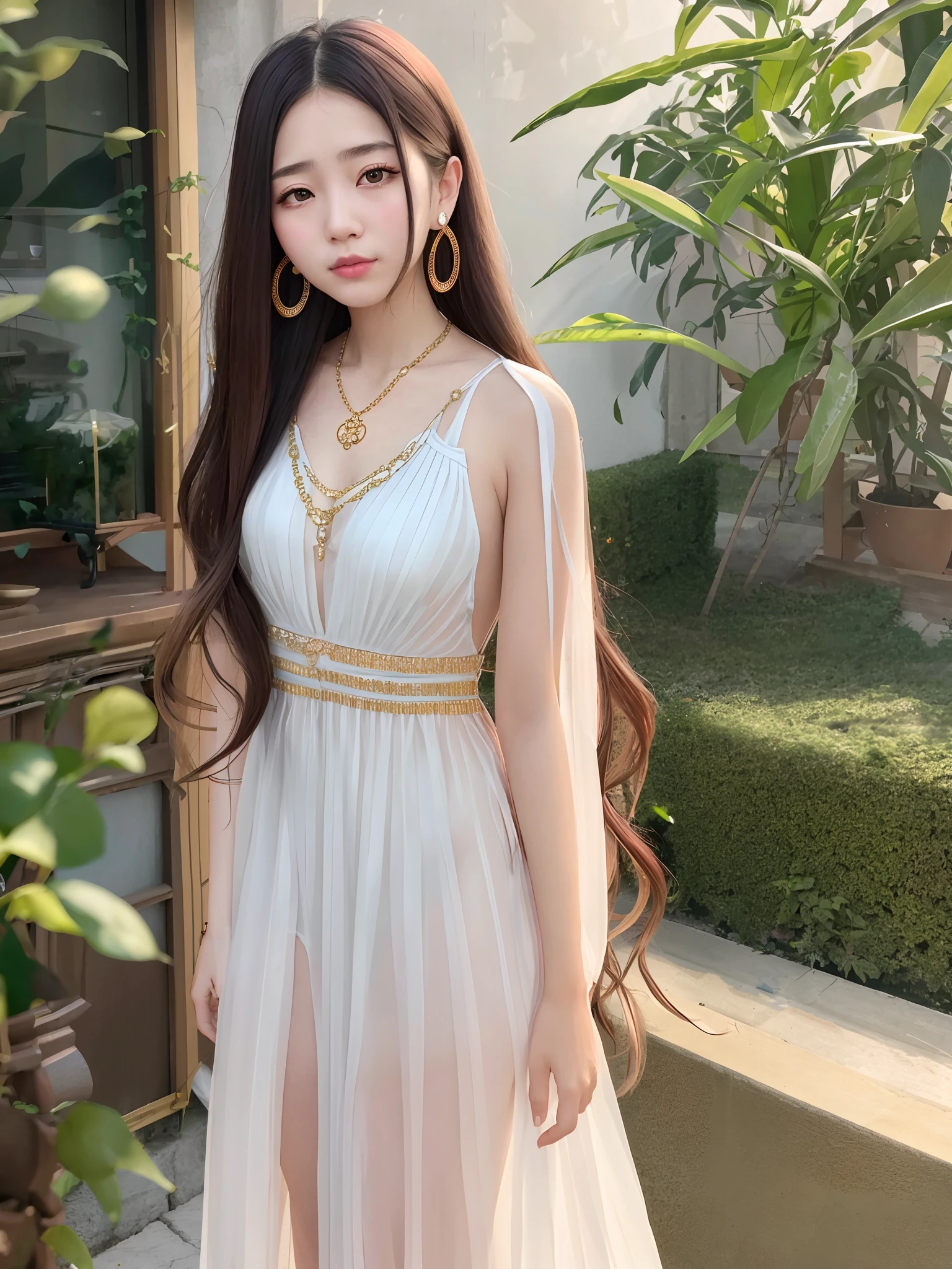 best quality, mastery, highres,1girl, long_hair, portrait, upper body, china transparent silk dress, dress, heal order, necklace, jewelry, long hair, earrings, chinese clothes,侧身,对着镜头ulzzang-6500-v1. 1个