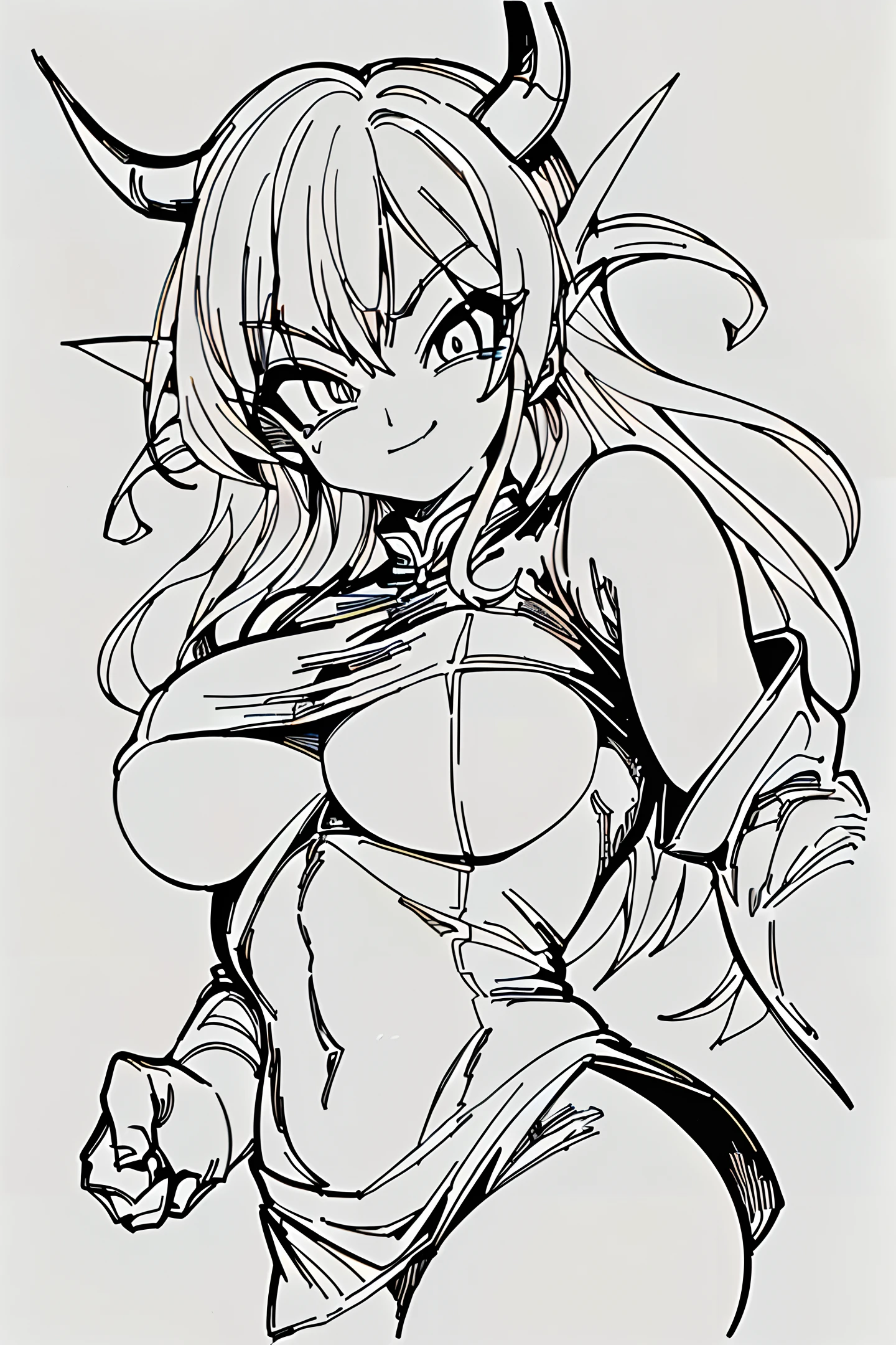 Master, correct hands, plump ass, masterpiece, despicable eyes, arrogant eyes, mocking smile (Dragon Ball character), abs, leather skirt, v-neck, big boobs, beautiful thighs, slim neck, thin waist, big hips, more details, tight clothing, smooth body, muscles, complex background, tight eyebrows, comics, aerial bangs, hair hanging from the chest, hero's face, black cheongsam: 1.1. woman, smoke, fabric,