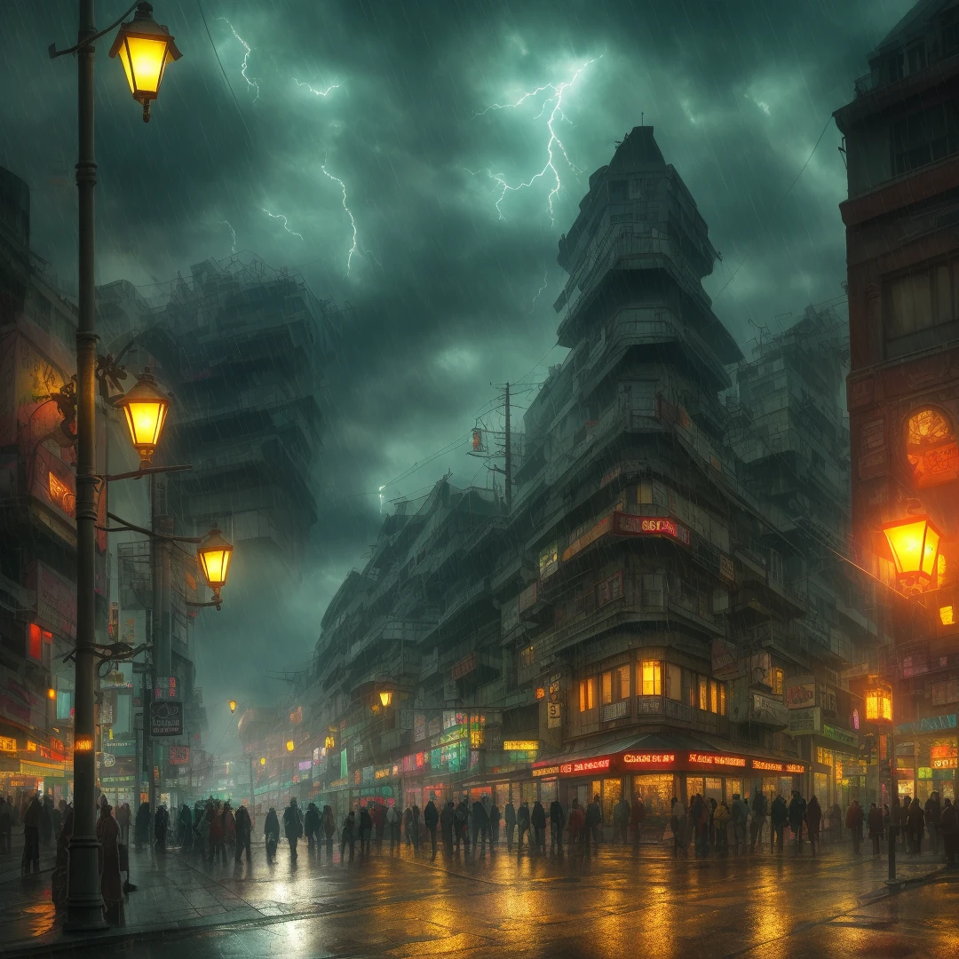 At street level, scenery, A highly detailed square image of a street corner, during a rainstorm with lightning strikes and a cloudy sky, neon and cyberpunk background, Jeremy Mann style, a butterfly hovers near a street lamp, glowing, backlighting, masterpiece, best quality, intricate detail, absurdres, chromatic aberration, depth of field, professional photography, soft lighting, tone mapped, highly detailed, sharp focus, dramatic lighting, intricate details, cinematic, 8K, incredible shadows, realistic, (highly detailed background:1.0)