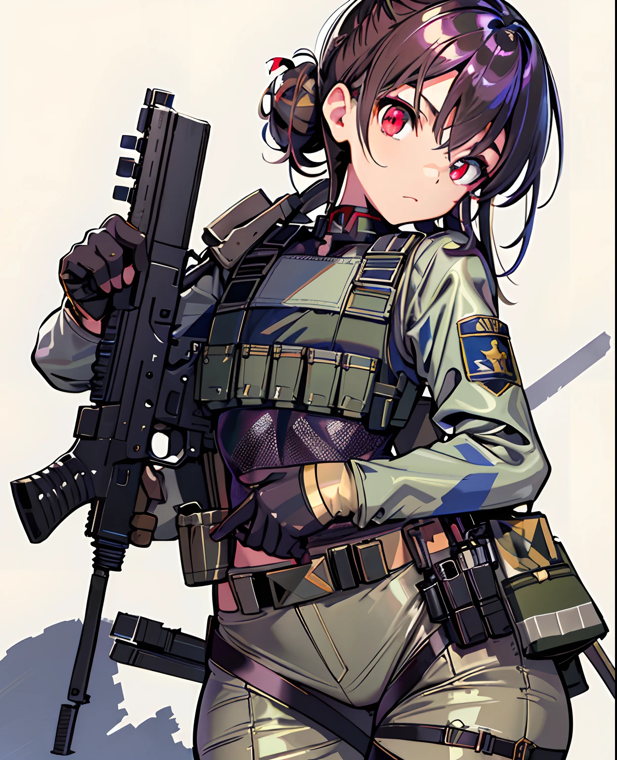 Mediterranean Girl, (clear eyes), (detailed iris), wearing full military gear, (soldier), (gun holster), (dark hair), (messy bun), (vibrant eyes), (red eyes), (toned skin), (olive skin), (delicate features), (small chest), (large hips), (military pants), (thick thighs), (thin waist). Tatsuya Endo, Greg Rutkowski, Pixiv, Artstation