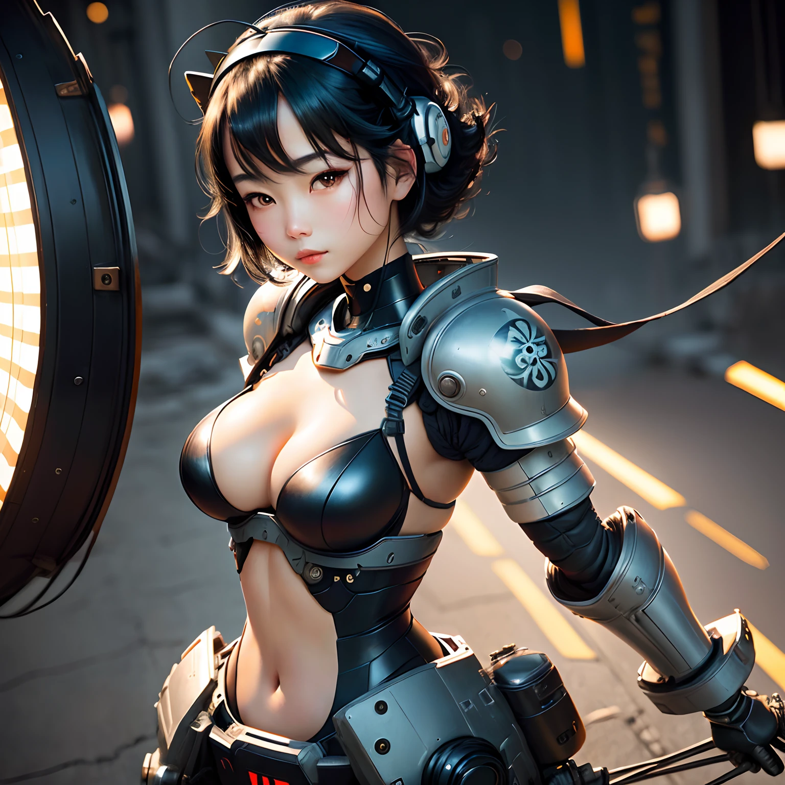 Cute japanese girl robot, black hair, human face and chest, bustier, cleavage, headpiece with antennas, shoulder armor, hip armor, slim yet curvy body, best quality, extremely detailed, bloom, delicate and beautiful, illustration, beautiful eyes, photography, by Alex Maleev, professional, canon camera, nikon camera, sharp, bokeh, studio quality, by Robert Capa