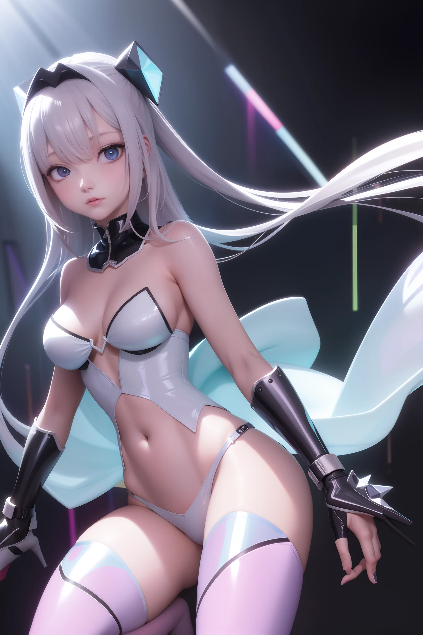 1. The girl wears a colorful transparent pvc costume belt (film interference)), full body, perfect waist-hip ratio, prism, melancholy expression, pretty eyes, brilliance, accessories, portraits, original game pictures, anime character concept design, pretty faces, beautiful light on a black background