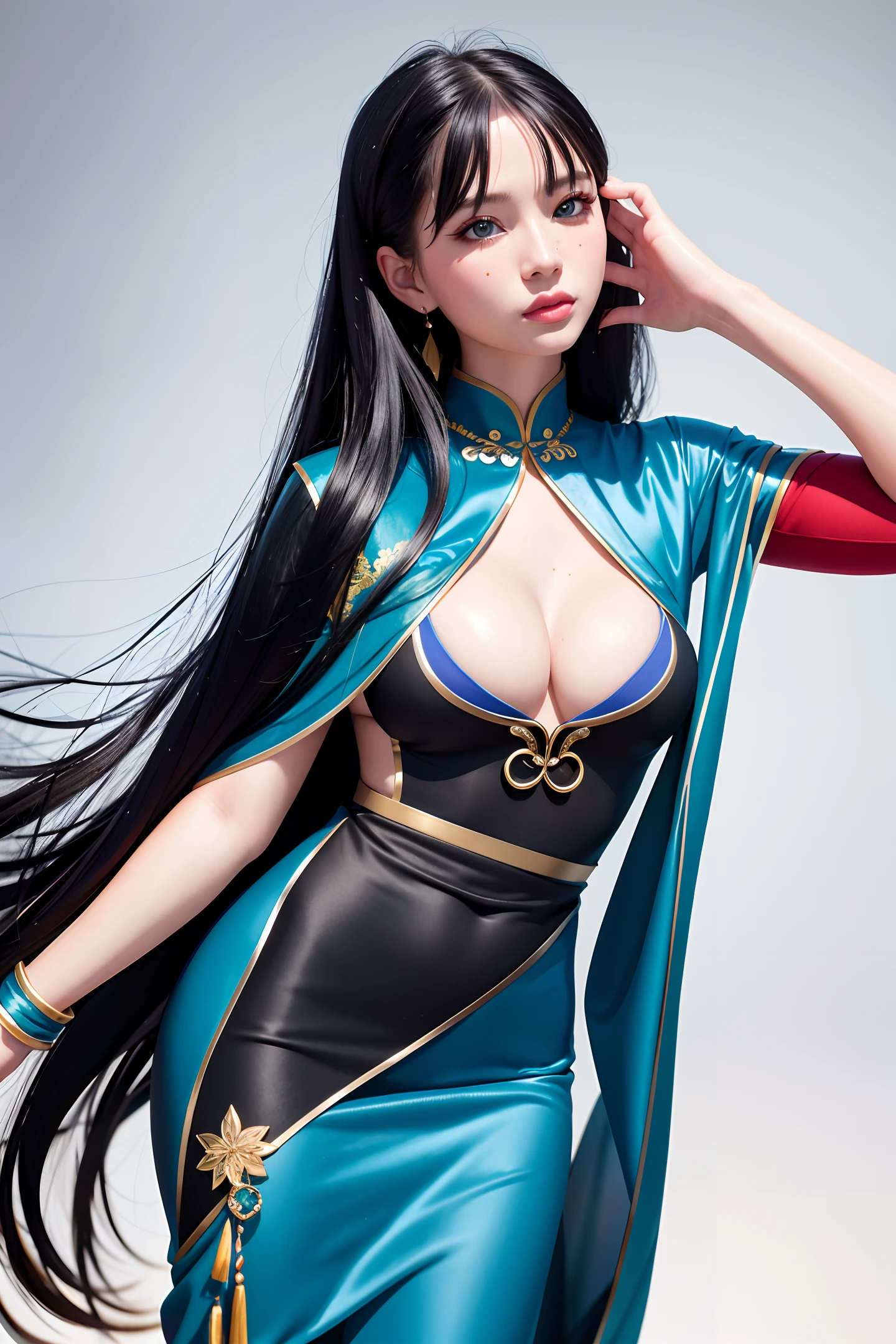 masterpiece, best quality, 1girl, black hair, blue eyes, Chinese clothes, gradient, jewelry, gradient background, green hair, hair between eyes, hair decoration, long hair, watching_ audience, moles, split lips, solo, upper body, watermark, web address, wet clothes, [nsfw]