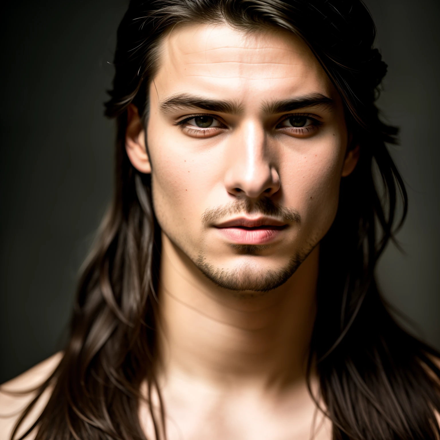 RAW, analog style. A stunning portrait of a handsome young warrior with vivid features. He should have long flowing hair, a captivating look and an alluring expression. The background should be neutral and simple, allowing the man to be the center of attention. Please pay close attention to details such as highlights and shadows on his face and hair to create a vivid and realistic image. Experiment with different lighting techniques to improve the mood and atmosphere of the portrait. The final product should be a masterpiece that conveys the essence and beauty of a man ((high skin detail, skin details)), sharp focus, voluminous fog, 8k UHD, DSLR, high quality, film grain, Fujifilm XT3