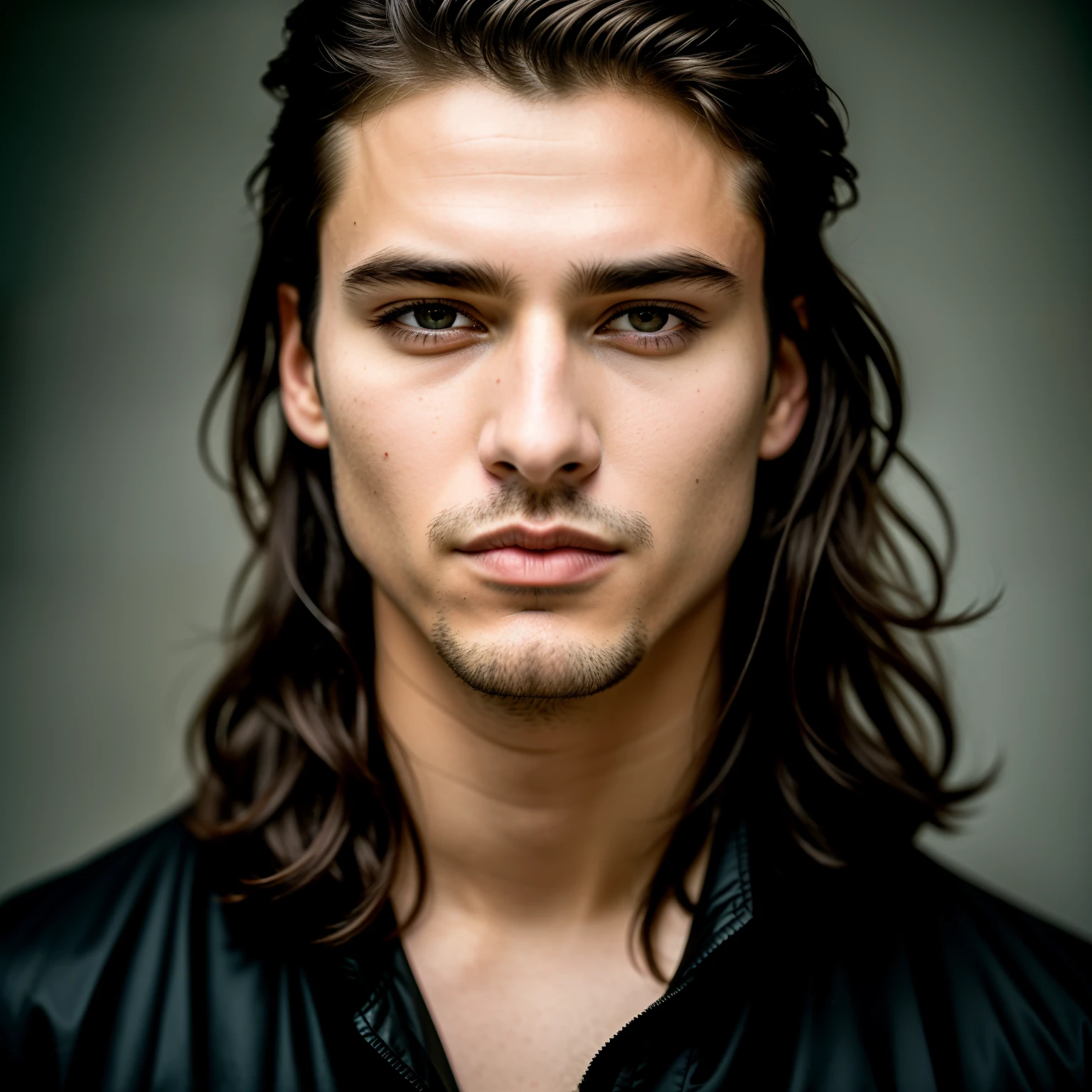 RAW, analog style. A stunning portrait of a handsome young warrior with vivid features. He should have long flowing hair, a captivating look and an alluring expression. The background should be neutral and simple, allowing the man to be the center of attention. Please pay close attention to details such as highlights and shadows on his face and hair to create a vivid and realistic image. Experiment with different lighting techniques to improve the mood and atmosphere of the portrait. The final product should be a masterpiece that conveys the essence and beauty of a man ((high skin detail, skin details)), sharp focus, voluminous fog, 8k UHD, DSLR, high quality, film grain, Fujifilm XT3