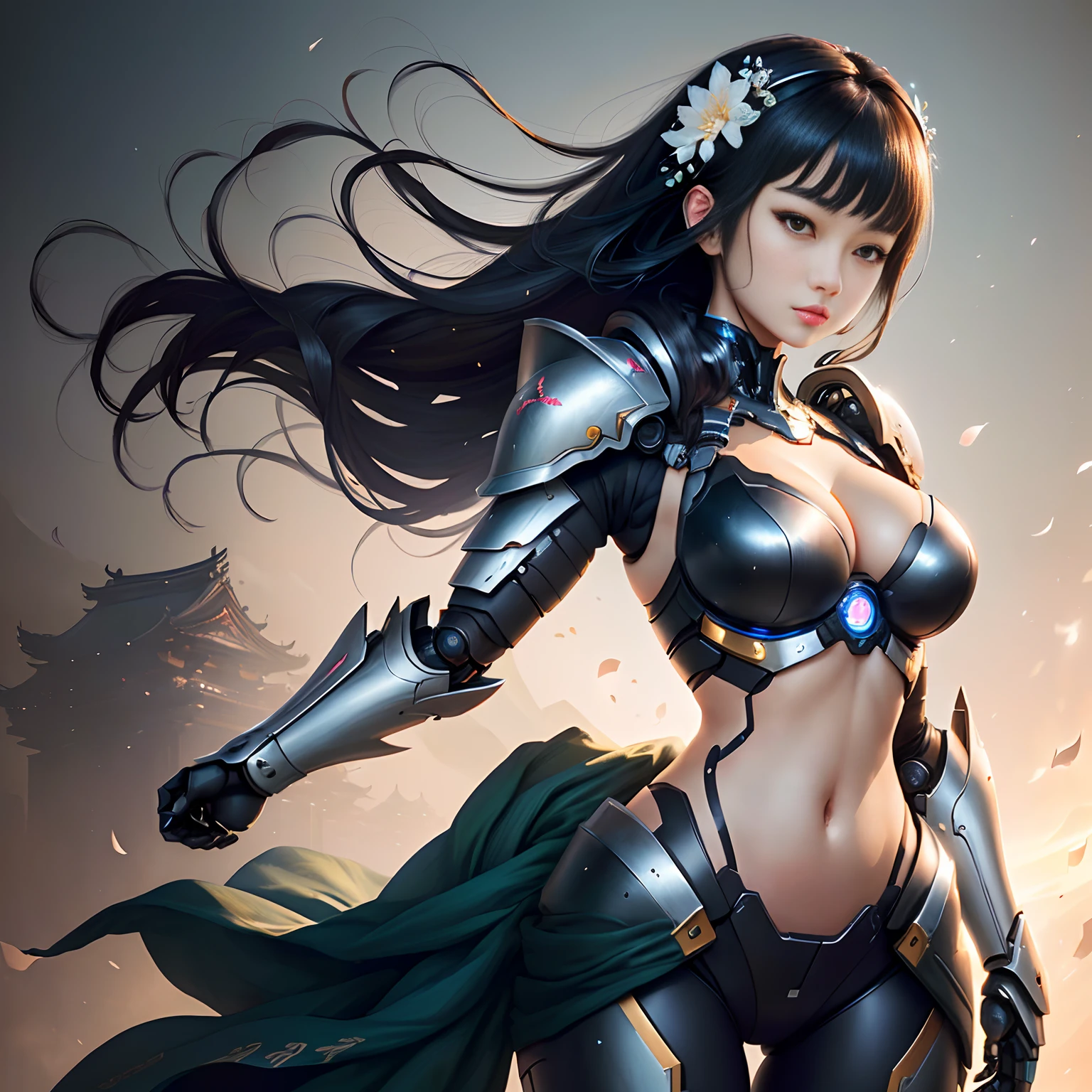 Beautiful japanese robot girl, human face, chest and belly, black hair, slender yet curvy body, cleavage, shoulder armor, hip armor, metal bra, highest quality, extremely detailed, bloom, delicate and beautiful, illustration, beautiful eyes, photography, professional, sharp, bokeh, studio quality