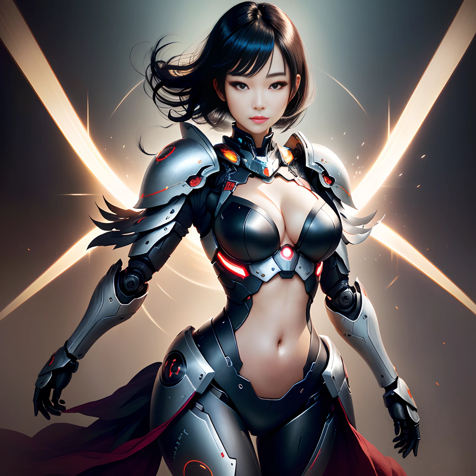 Beautiful japanese robot girl, human face, chest and belly, black hair, slender yet curvy body, cleavage, shoulder armor, hip armor, metal bra, highest quality, extremely detailed, bloom, delicate and beautiful, illustration, beautiful eyes, photography, professional, sharp, bokeh, studio quality