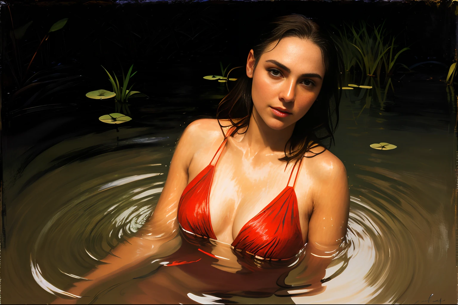 close up portrait of a cute woman (gldot) bathing in a river, reeds, (backlighting), realistic, masterpiece, highest quality, lens flare, shade, bloom, [[chromatic aberration]], by Jeremy Lipking, by Antonio J. Manzanedo, digital painting,
 