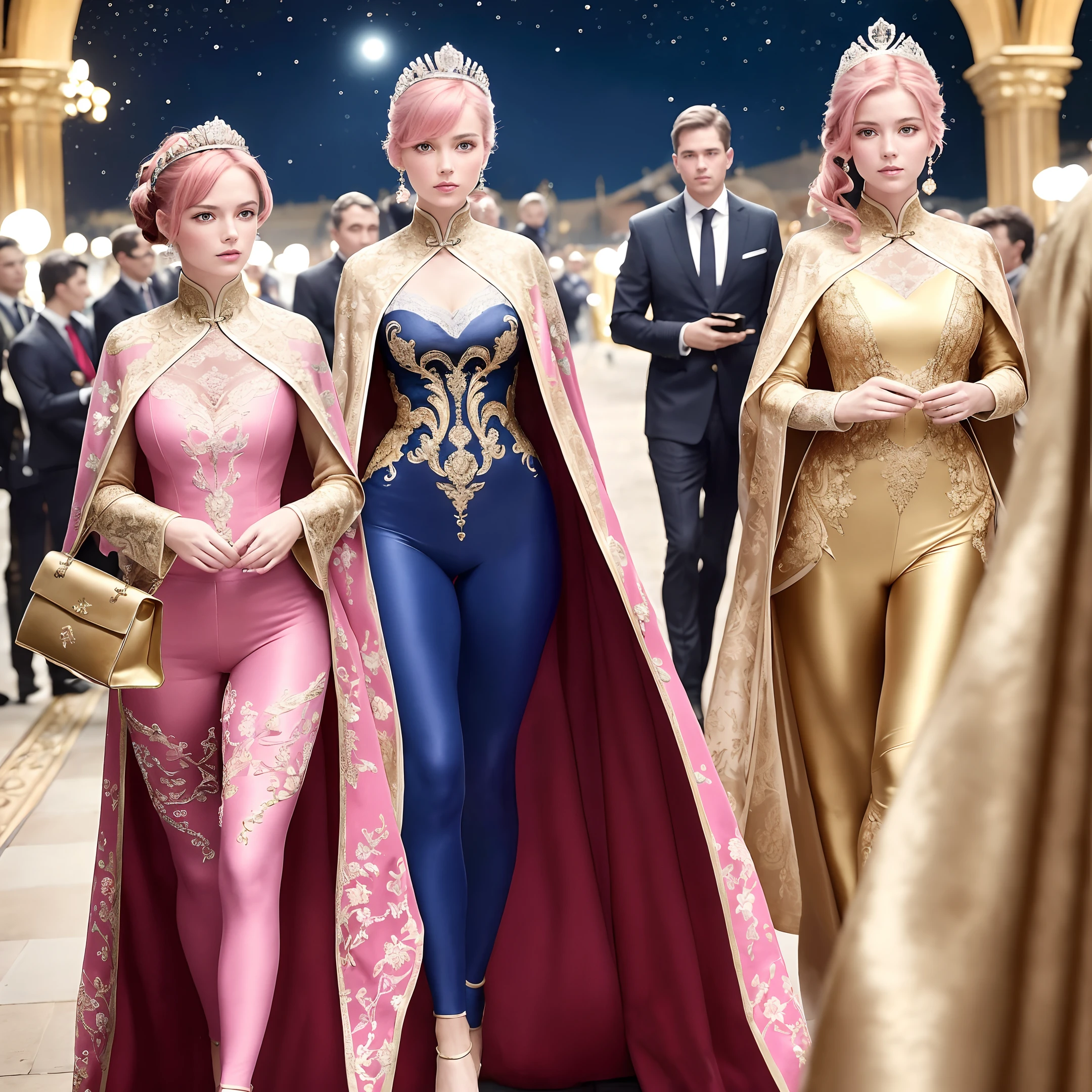 (Masterpiece, the best super high quality, ultra realistic, ultra high resolution, clear realistic photo, 8k real photo, ultra-complex details, powerful depth of field, delicate face, delicate eyes): 1.5, (from toe to head: 1.15), (blurred crowd), viewing audience
Style - Sci-fi, Reality
Positioning - a crowded deck on a spaceship
Background - Starry night in deep space colonial landscape (starship with Andromeda galaxy moving in the sky)
Theme - two princesses, about 18 years old, (Joe has short pink hair on the left) and (Amy's right has brown hair, ponytail), big breasts
View - the focus front or slightly tilted view of two princesses, (blurred, (surrounded by the crowd with some important officers or guards next to them): (lose focus: 1.5))
Look - these princesses are wealthy and elegant ((intricate and sexy with hollow translucent armed space jumpsuits and colored lace armed leggings, intricate and sexy)), with a crown or tiara on their heads, and some royal jewelry, each carefully decorated and crafted in luxurious outfits and accessories
SET - Each pair of leggings, leggings and capes are designed with delicate embroidery in Chinese and Danish court style, made of luxury lace fabric, carefully crafted by famous artists
Pose - they are walking forward, towards high, gaze fixed directly to the front, showing confidence and exposing their instinctive drive to match desire