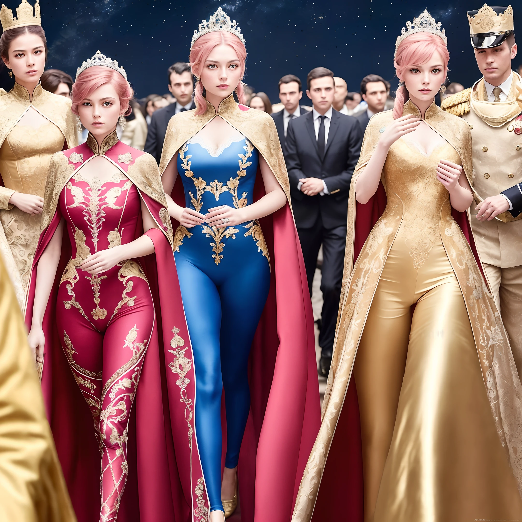 (Masterpiece, the best super high quality, ultra realistic, ultra high resolution, clear realistic photo, 8k real photo, ultra-complex details, powerful depth of field, delicate face, delicate eyes): 1.5, (from toe to head: 1.15), (blurred crowd), viewing audience
Style - Sci-fi, Reality
Positioning - a crowded deck on a spaceship
Background - Starry night in deep space colonial landscape (starship with Andromeda galaxy moving in the sky)
Theme - two princesses, about 18 years old, (Joe has short pink hair on the left) and (Amy's right has brown hair, ponytail), big breasts
View - the focus front or slightly tilted view of two princesses, (blurred, (surrounded by the crowd with some important officers or guards next to them): (lose focus: 1.5))
Look - these princesses are wealthy and elegant ((intricate and sexy with hollow translucent armed space jumpsuits and colored lace armed leggings, intricate and sexy)), with a crown or tiara on their heads, and some royal jewelry, each carefully decorated and crafted in luxurious outfits and accessories
SET - Each pair of leggings, leggings and capes are designed with delicate embroidery in Chinese and Danish court style, made of luxury lace fabric, carefully crafted by famous artists
Pose - they are walking forward, towards high, gaze fixed directly to the front, showing confidence and exposing their instinctive drive to match desire