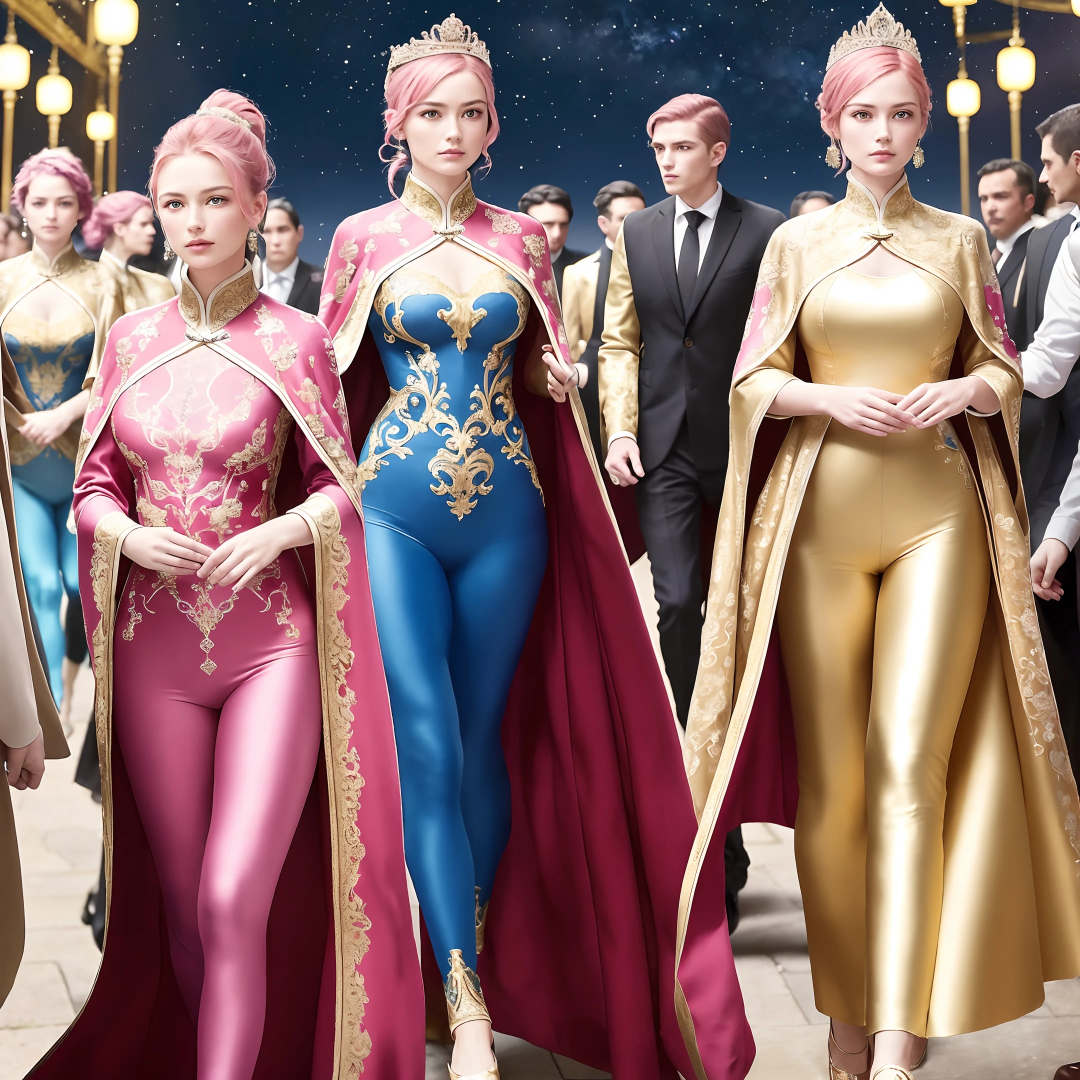(Masterpiece, the best super high quality, ultra realistic, ultra high resolution, clear realistic photo, 8k real photo, ultra-complex details, powerful depth of field, delicate face, delicate eyes): 1.5, (from toe to head: 1.15), (blurred crowd), viewing audience
Style - Sci-fi, Reality
Positioning - a crowded deck on a spaceship
Background - Starry night in deep space colonial landscape (starship with Andromeda galaxy moving in the sky)
Theme - two princesses, about 18 years old, (Joe has short pink hair on the left) and (Amy's right has brown hair, ponytail), big breasts
View - the focus front or slightly tilted view of two princesses, (blurred, (surrounded by the crowd with some important officers or guards next to them): (lose focus: 1.5))
Look - these princesses are wealthy and elegant ((intricate and sexy with hollow translucent armed space jumpsuits and colored lace armed leggings, intricate and sexy)), with a crown or tiara on their heads, and some royal jewelry, each carefully decorated and crafted in luxurious outfits and accessories
SET - Each pair of leggings, leggings and capes are designed with delicate embroidery in Chinese and Danish court style, made of luxury lace fabric, carefully crafted by famous artists
Pose - they are walking forward, towards high, gaze fixed directly to the front, showing confidence and exposing their instinctive drive to match desire