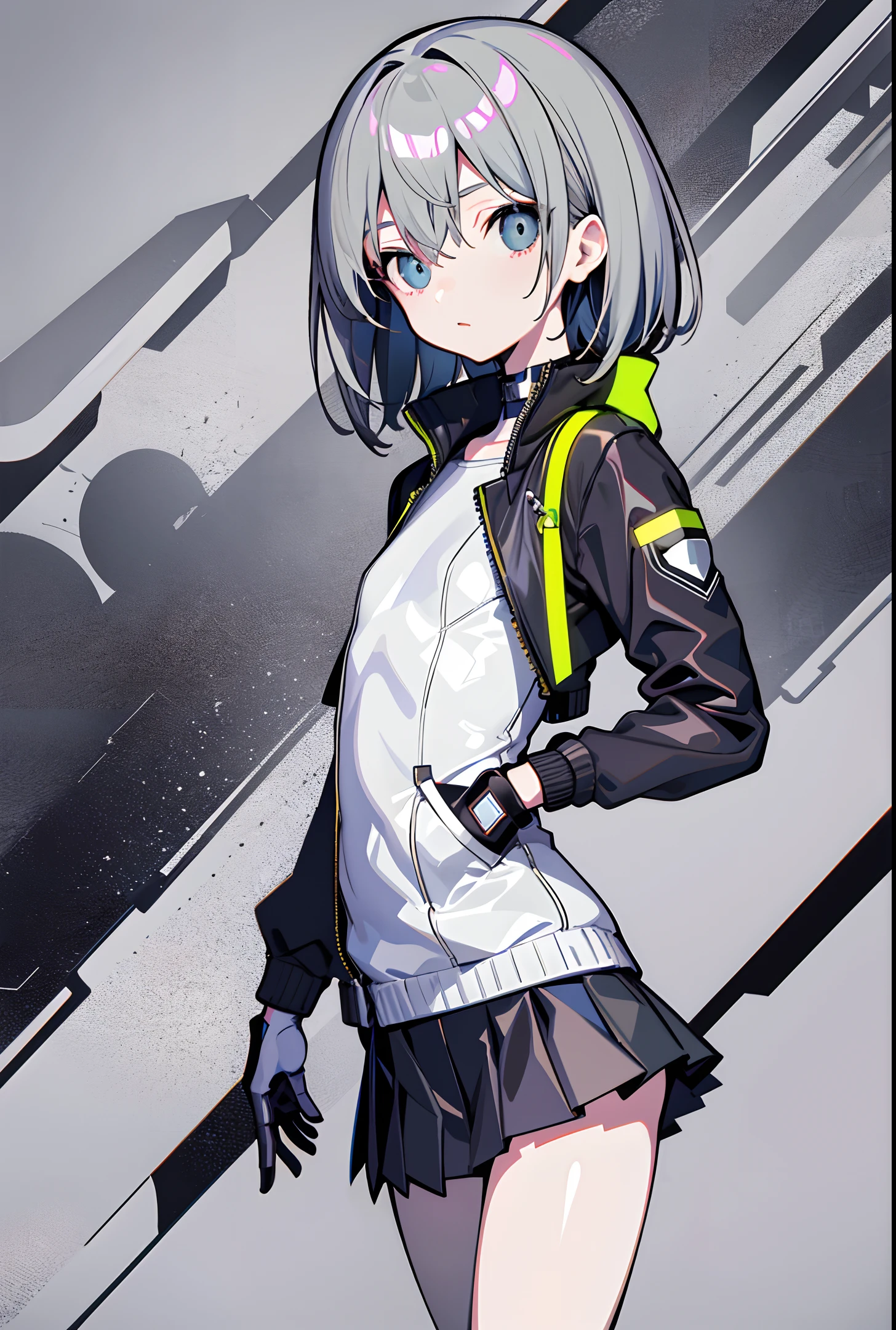 masterpiece, flat background, no background, full body, standing, 1girl, solo, cute, slender, small breasts, shiny skin, flight jacket, grey pleated skirt, 50mm portrait, delicate facial features, semi realistic, sharp focus, ultra detailed, absurdres, depth of field, neon