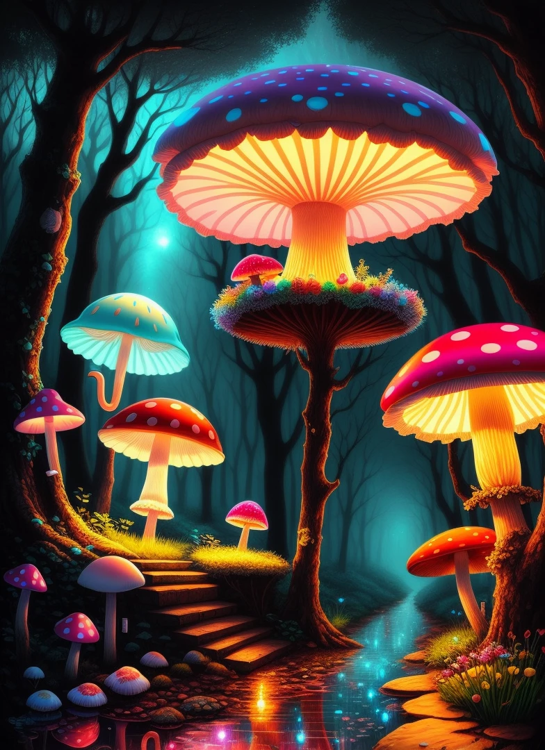 Charming, high-quality splash art of a charming (hedgehog: 1.1) sitting close under (toadstool: 1.1) (mushroom: 1.1) in the shape of an umbrella in (magic forest: 1.1) in the (rain: 1.1) darkness of shadow, deep contrast (bioluminescence: 1.1), magical, mystical, intricately detailed scene (soft pastel tones: 1.1) with a touch (bright colors: 1.1), wet dirt, puddles, fantasy art, masterpiece, award-winning digital graphics, Clip Studio Paint, rich colors, picturesque texture, popularity in art communities, Adobe Photoshop