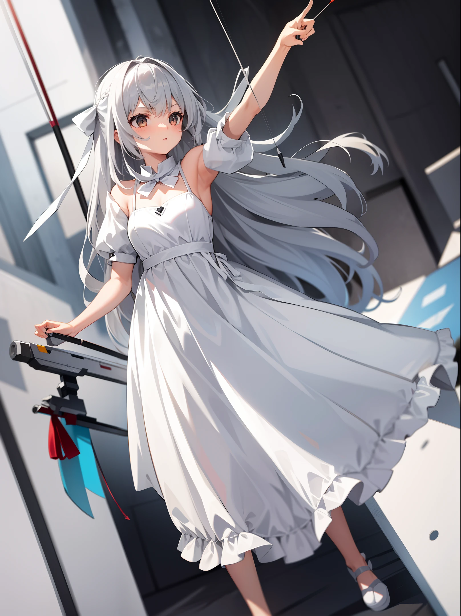girl, gray hair, long hair, long legs, white dress, bow, arrow, sport